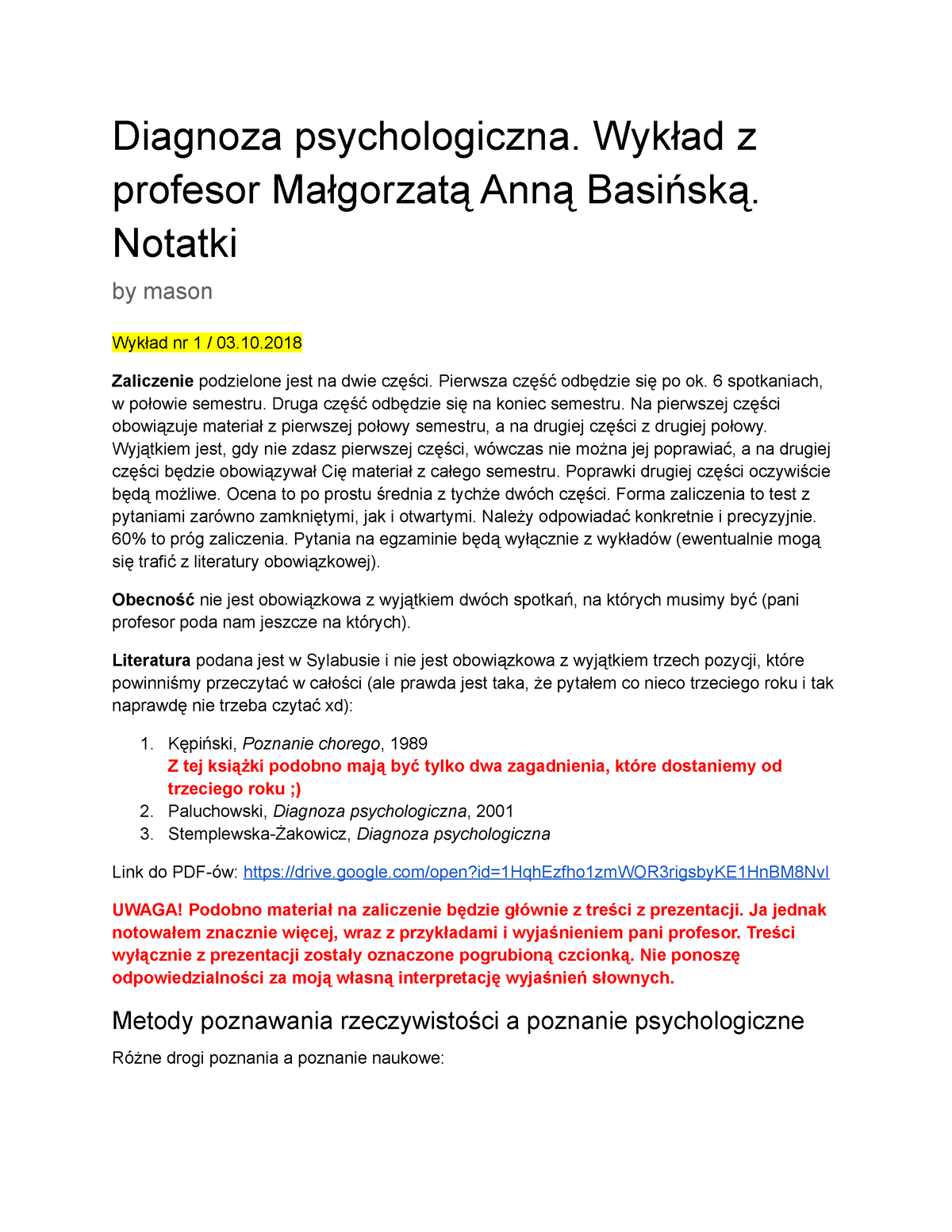 Diagnoza Psychologiczna Notatki Z Wykładu 2018 Diagnoza Psychologiczna Wykład Z Profesor 2414