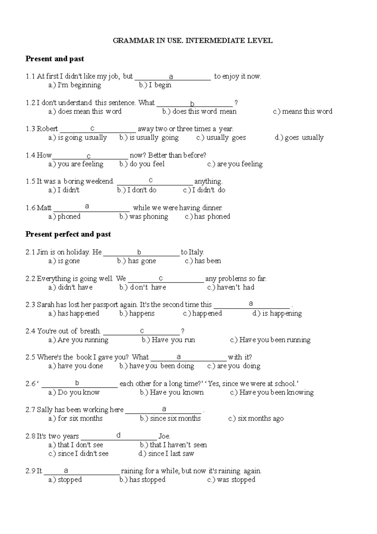 Initial Test. Grammar in Use. Intermediate level - GRAMMAR IN USE ...