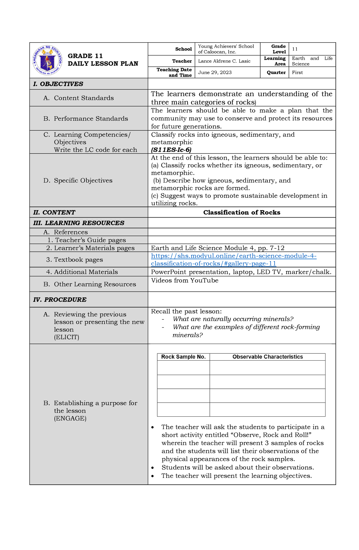 DLP Earth-Science Q1M4 - GRADE 11 DAILY LESSON PLAN School Young ...