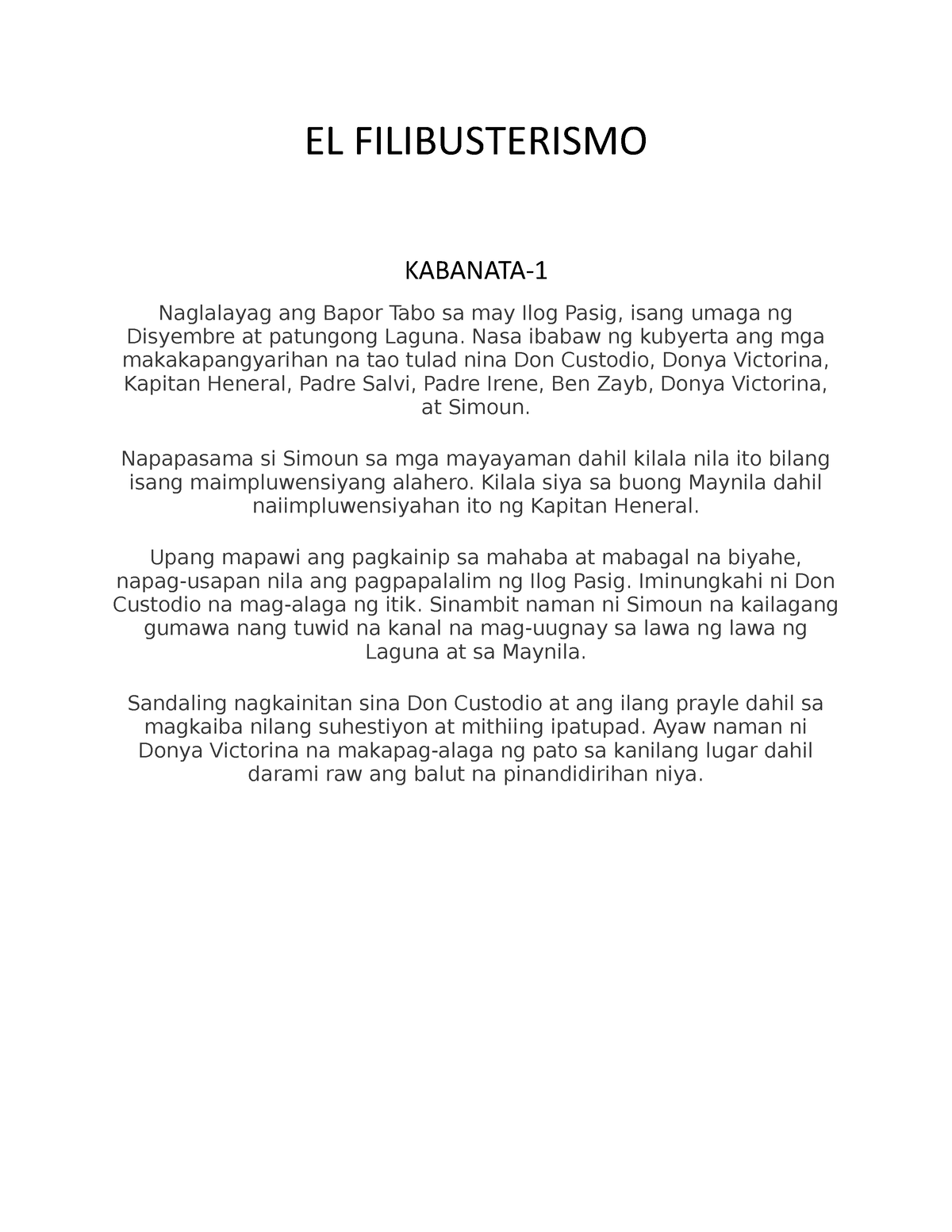 El Filibusterismo Lesson Plan El Filibusterismo Kabanata