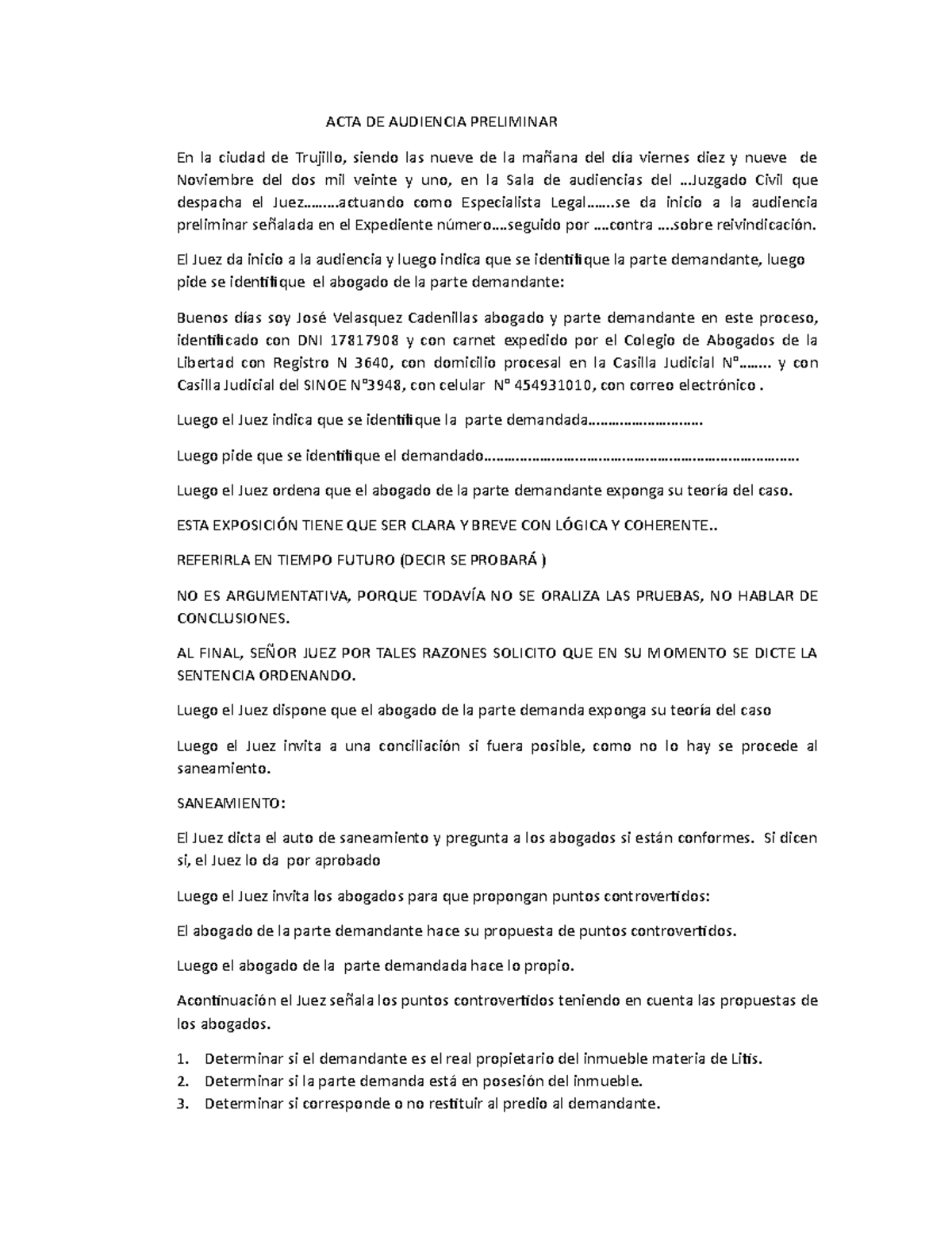 ACTA DE Audiencia Preliminar - ACTA DE AUDIENCIA PRELIMINAR En La ...