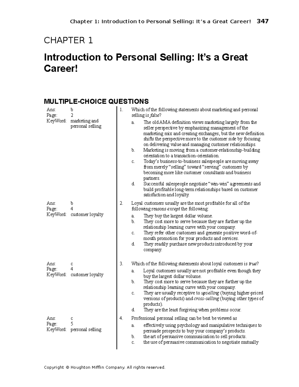 Test Bank For Ch01 - CHAPTER 1 Introduction To Personal Selling: It’s A ...