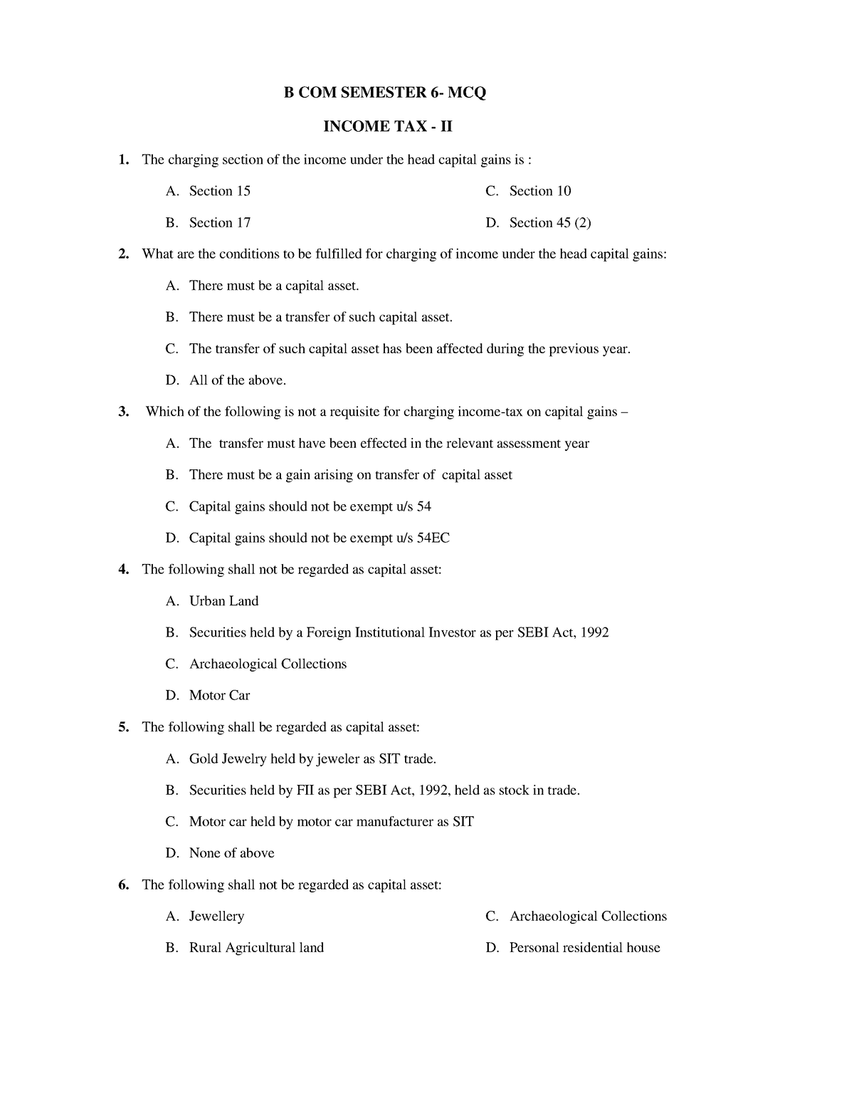 Income Tax Mcqs - Mcqs - B COM SEMESTER 6- MCQ INCOME TAX - II The ...