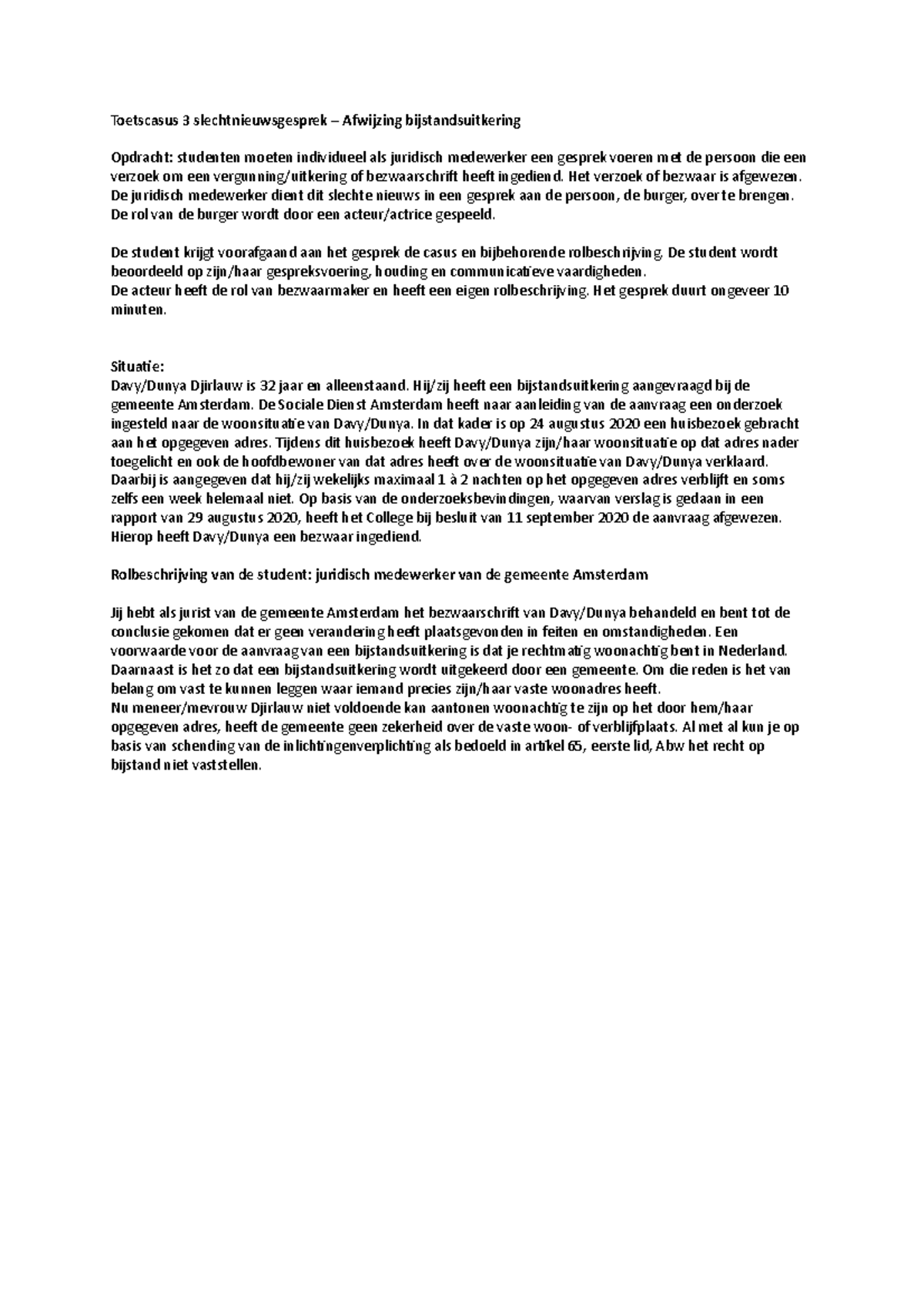 Toetscasus 3 Slechtnieuwsgesprek - Afwijzing Bijstandsuitkering ...