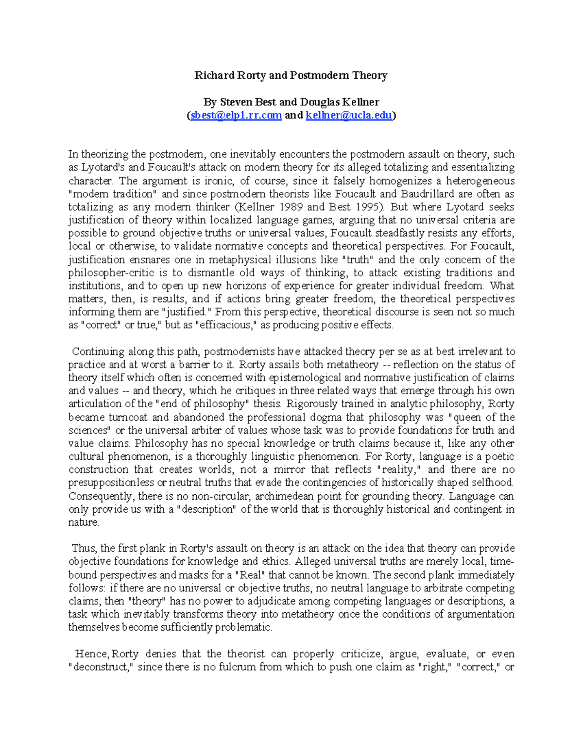 Richard Rorty Postmodern Theory - Richard Rorty and Postmodern Theory ...