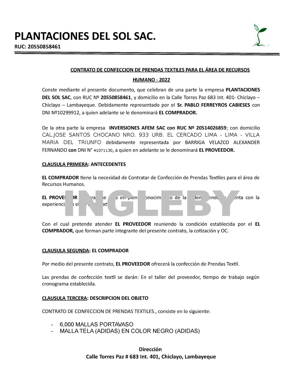 Contrato DE Prendas Texil - CONTRATO DE CONFECCION DE PRENDAS TEXTILES PARA  EL ÁREA DE RECURSOS - Studocu