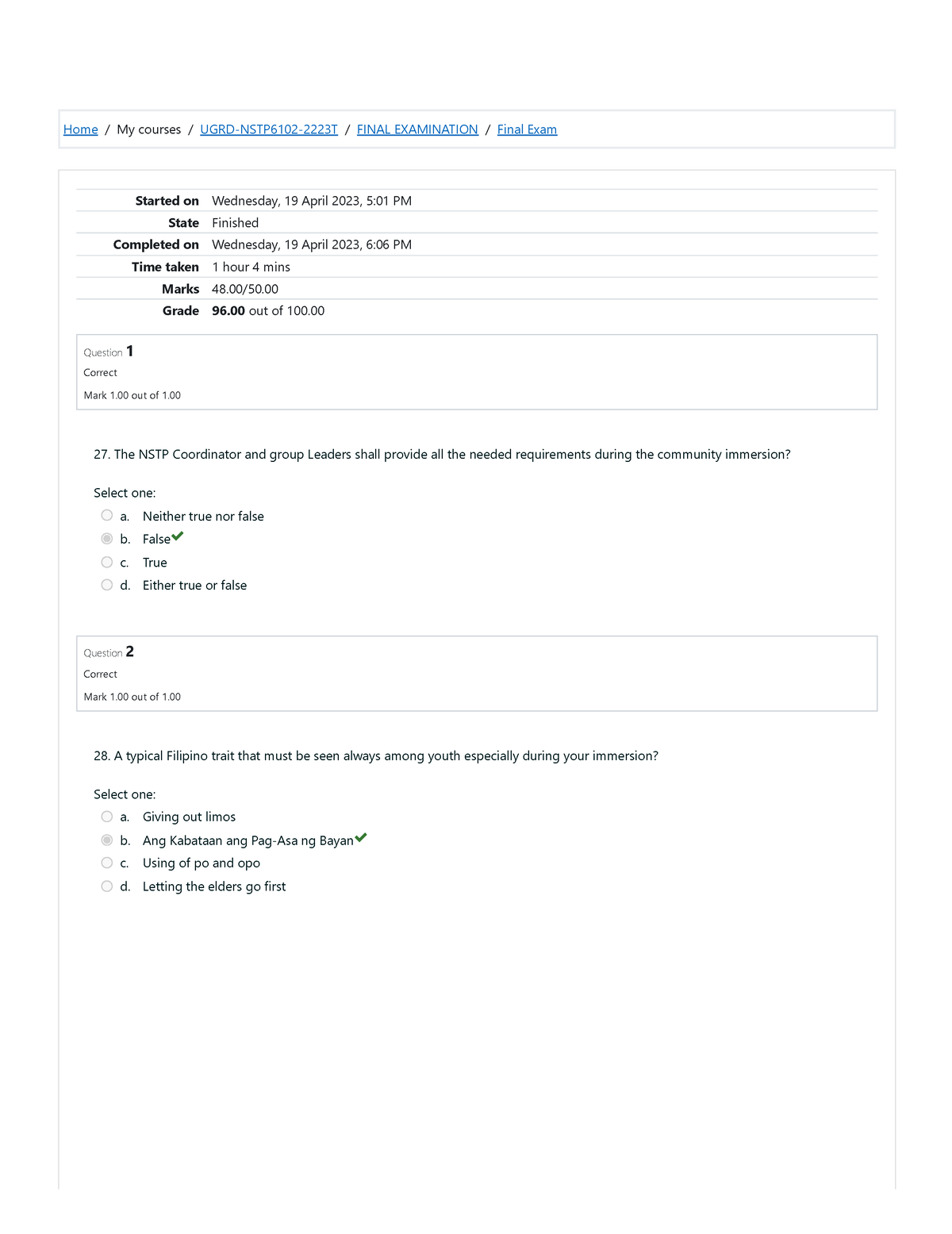 Finals Exam NSTP2 - Home / My courses / UGRD-NSTP6102-2223T / FINAL ...