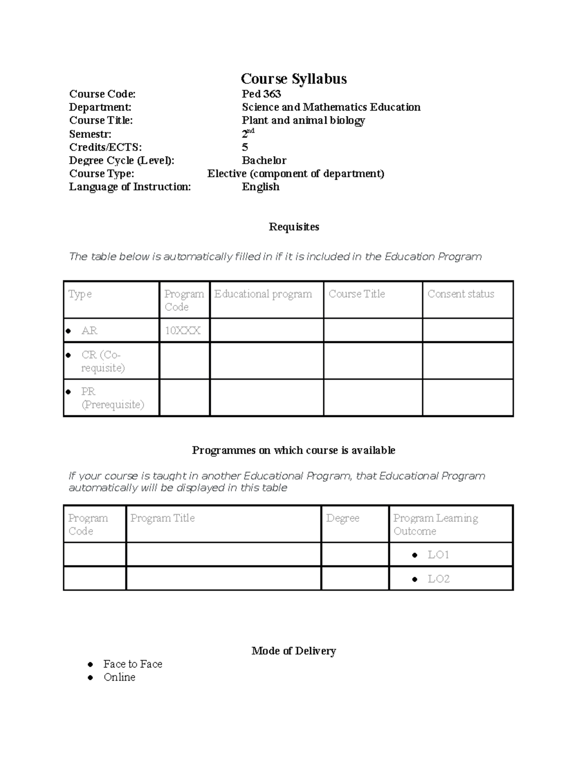 PED 363 Plant AND Animal Biology Syllabus - Course Syllabus Course Code ...