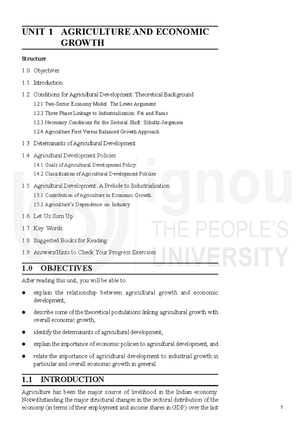 Agri. eco. U1 - UNIT 1 AGRICULTURE AND ECONOMIC GROWTH Structure 1 ...