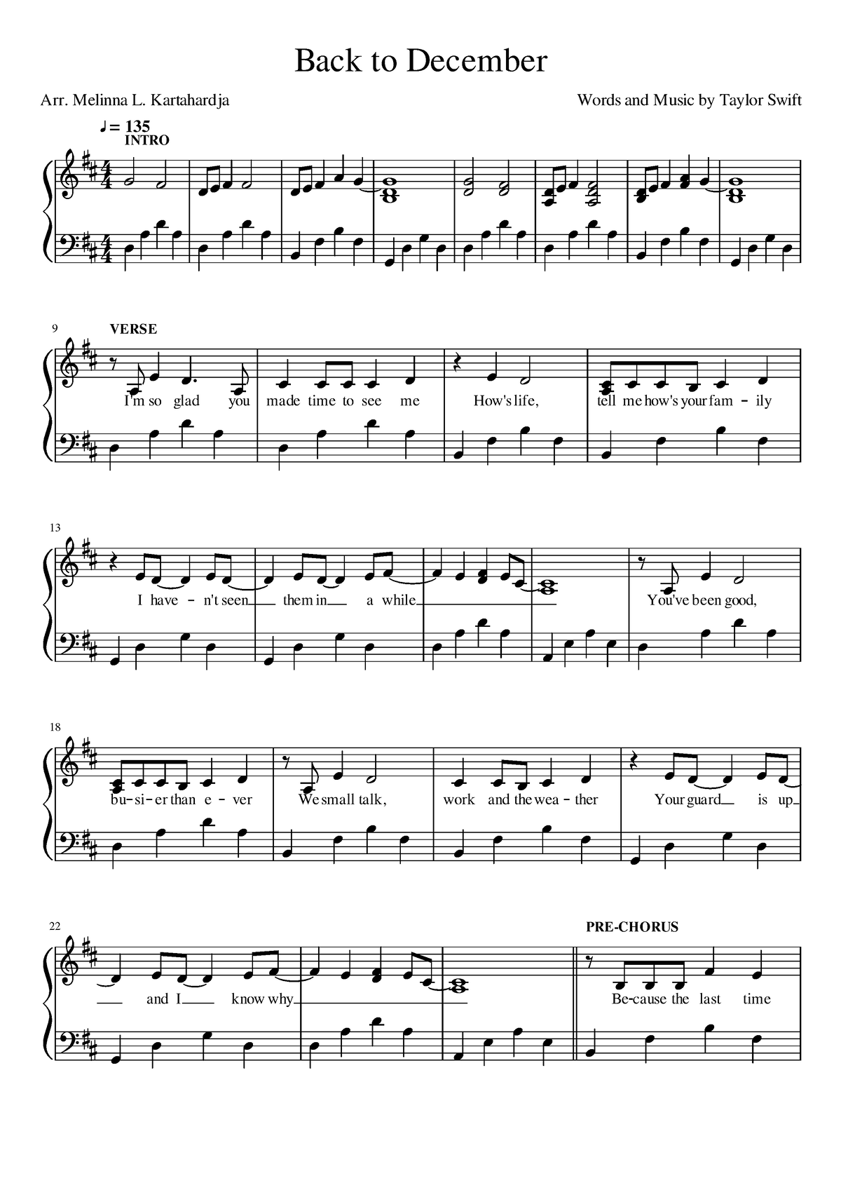 Back To December Taylor Swift Piano Sheet Compress Arr Melinna L