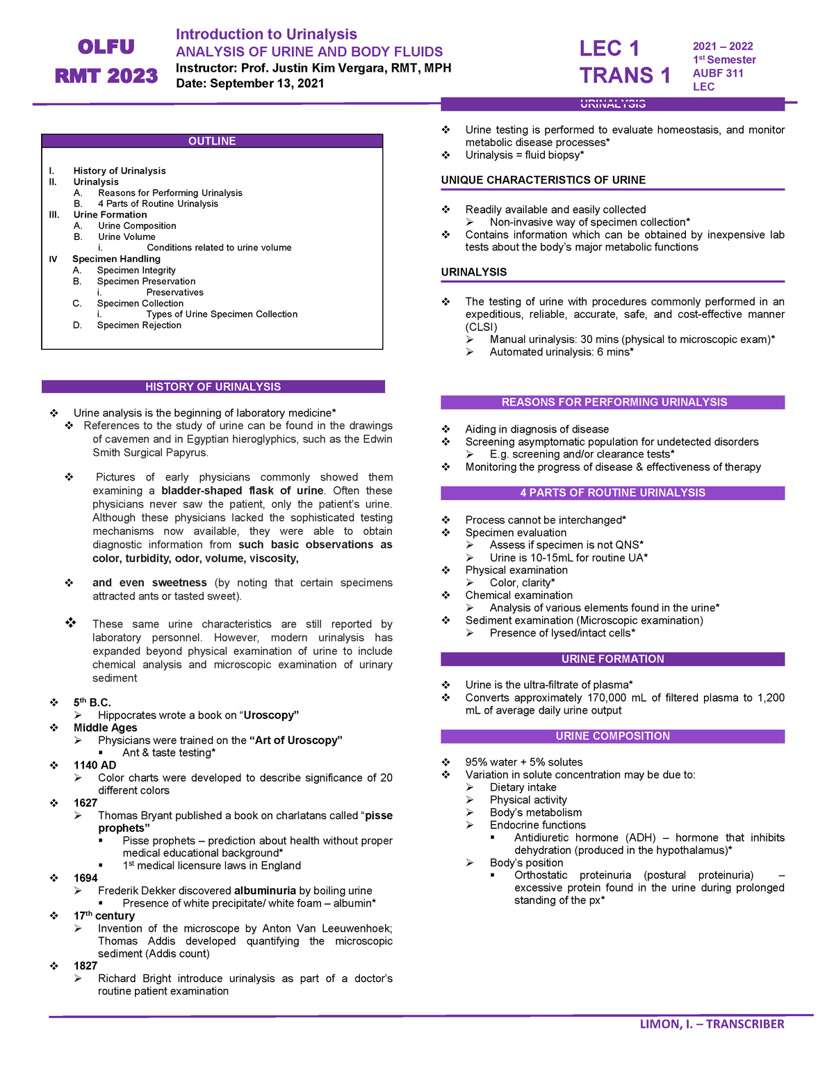 AUBF LEC Prelim Final - AUBF311 - Introduction To Urinalysis ANALYSIS ...