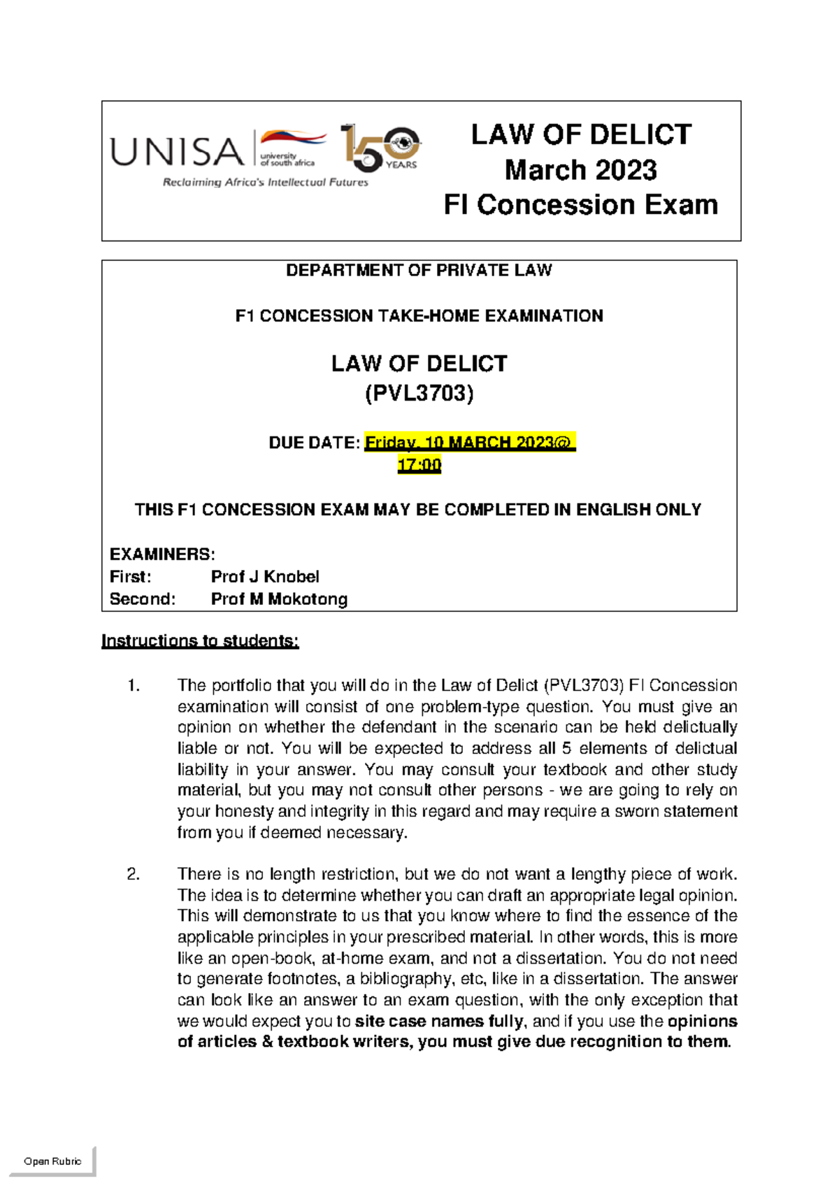 PVL3703 FI Concession 2023 (Oct Nov 2022) DEPARTMENT OF PRIVATE LAW