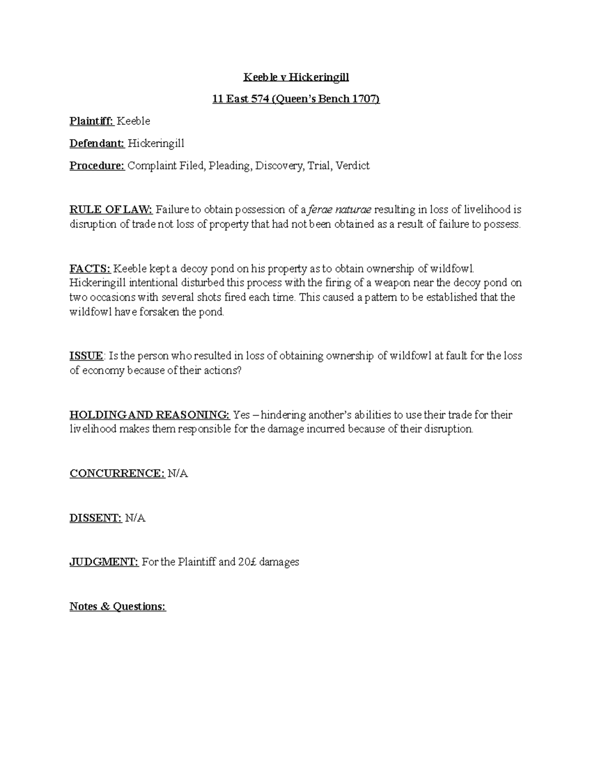 Keeble v Hickeringill (1707) Keeble v Hickeringill 11 East 574 (Queen