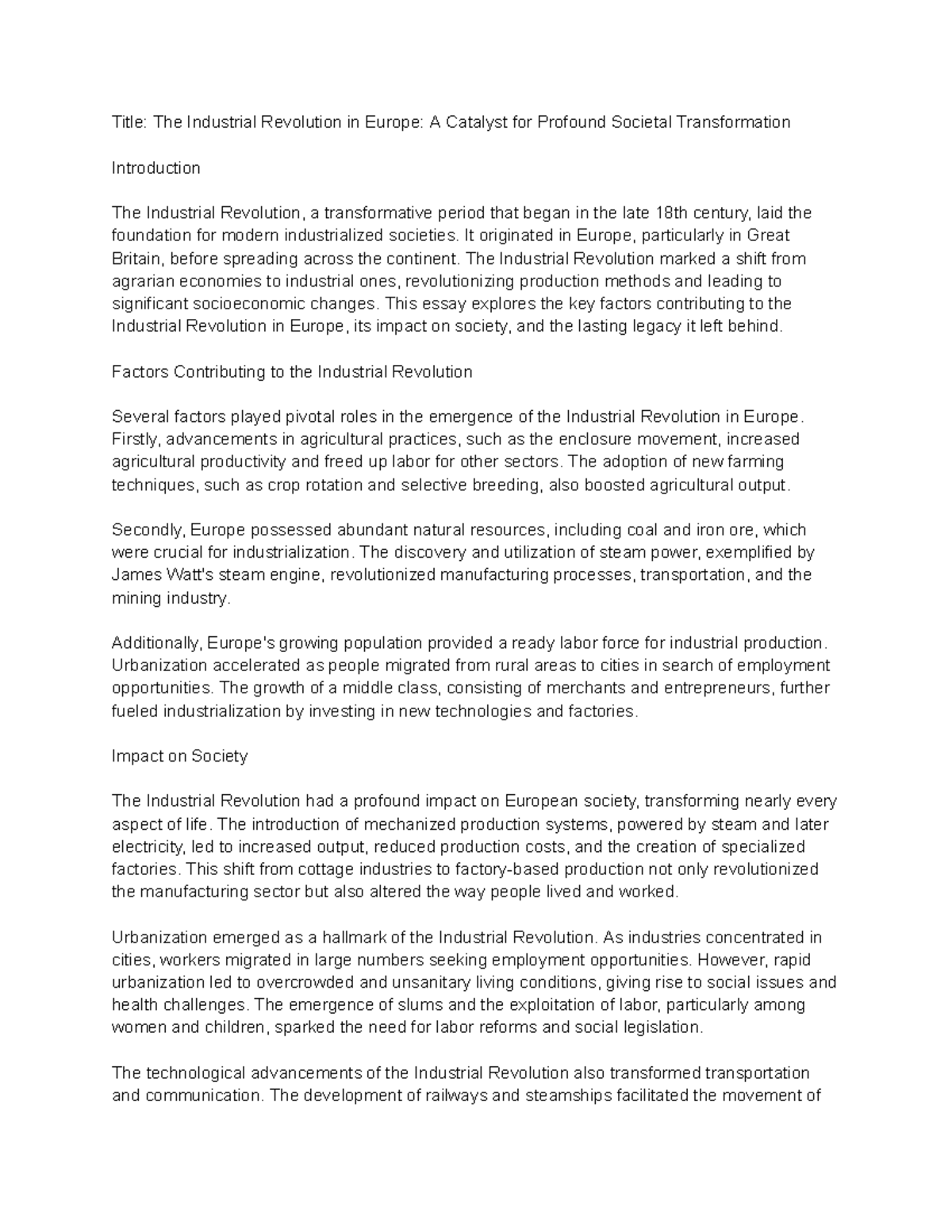 ESSAY ABOUT US HISTORY - Title: The Industrial Revolution in Europe: A ...