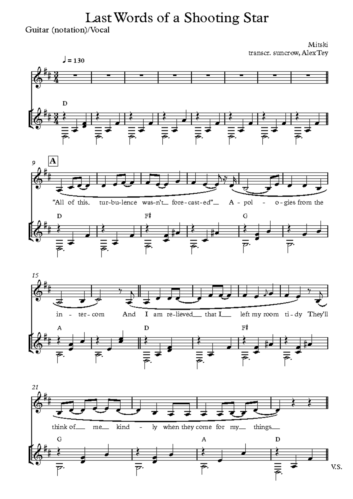 Last Words of a Shooting Star (Guitar [notation] Vocal) — transcr. suncrow, Alex Tey