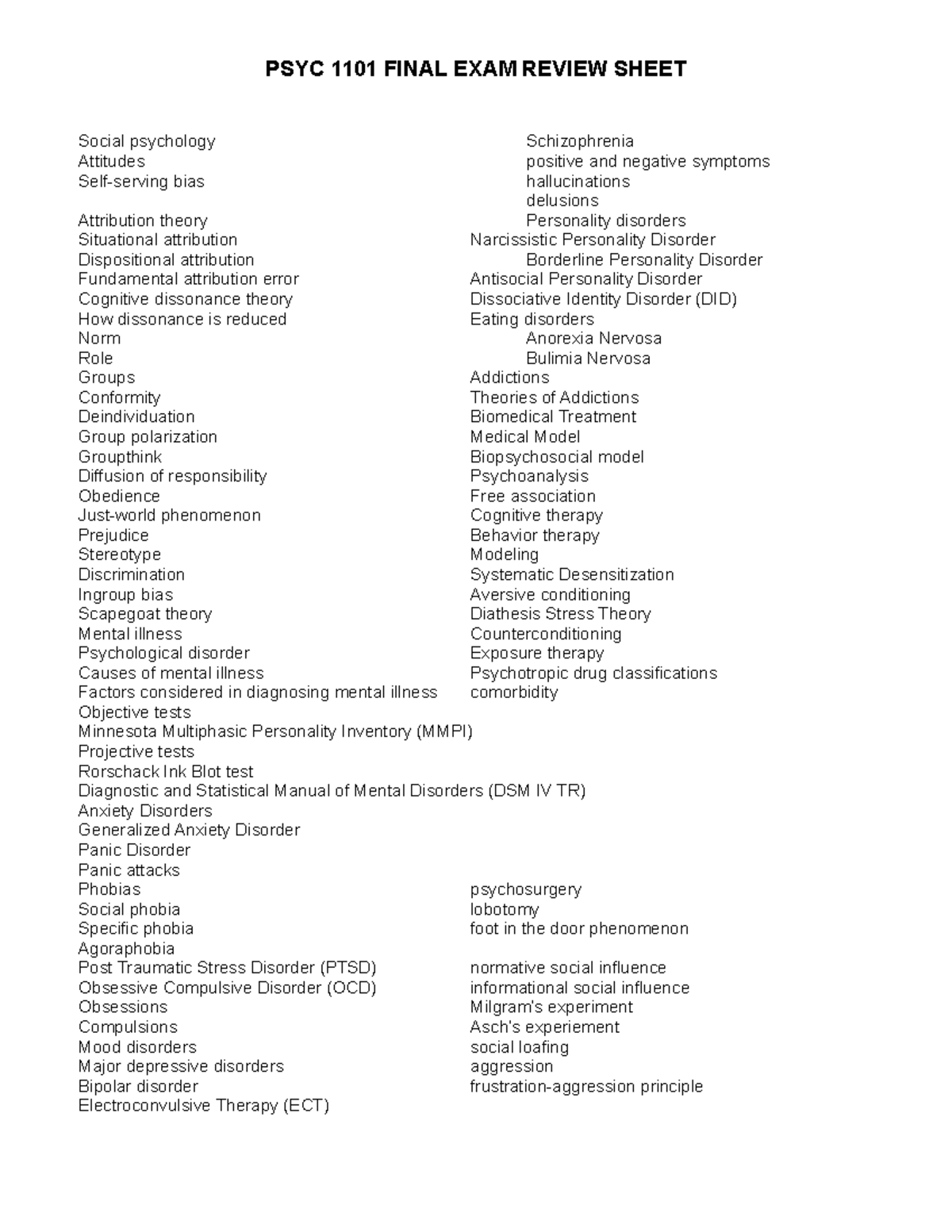 Final Exam Review - Summary Intro Psychology - PSYC 1101 FINAL EXAM ...