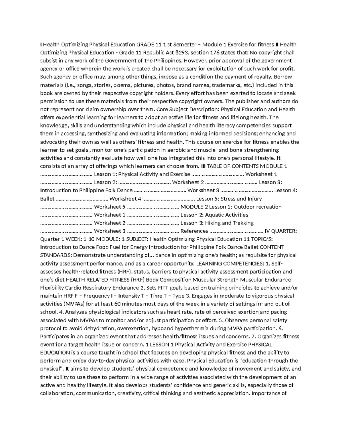 I Health Optimizing Physical Education Grade 11 1 st Semester - I ...