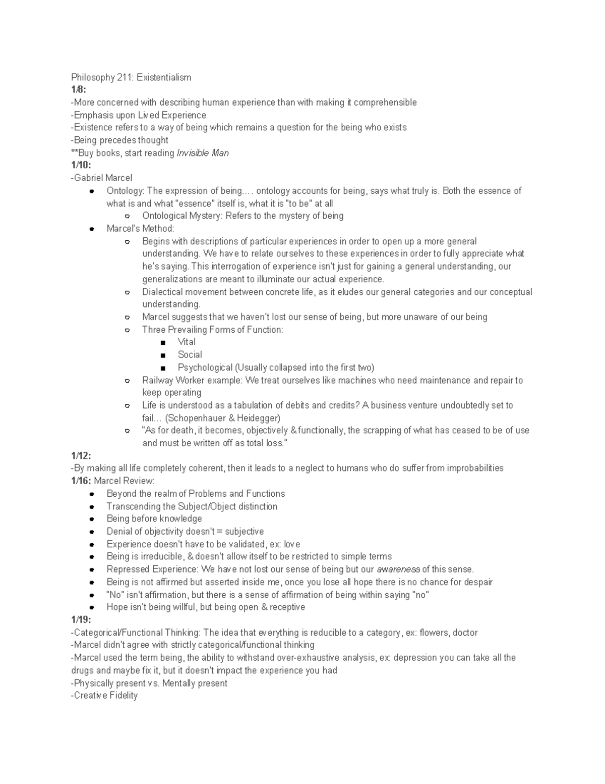 Existentialism notes - Philosophy 211: Existentialism 1/8: -More ...