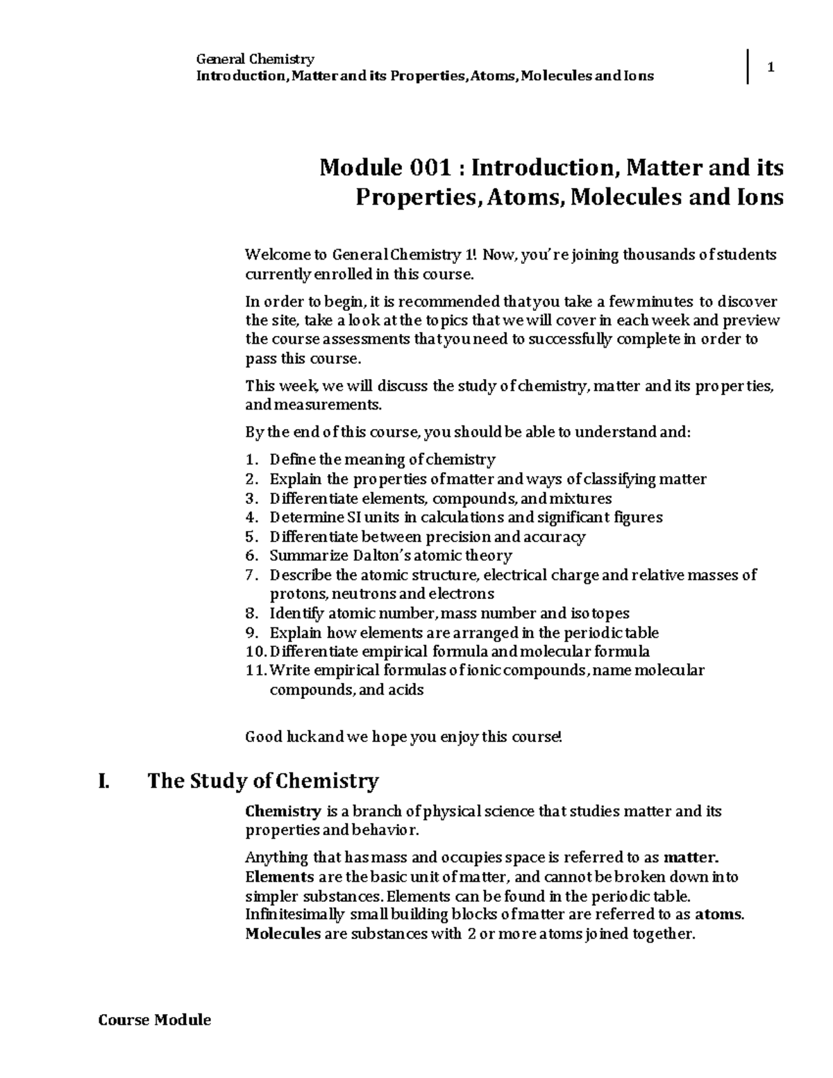 W1 Module 1 -Introduction, Matter and its - Literatura - MSU - Studocu