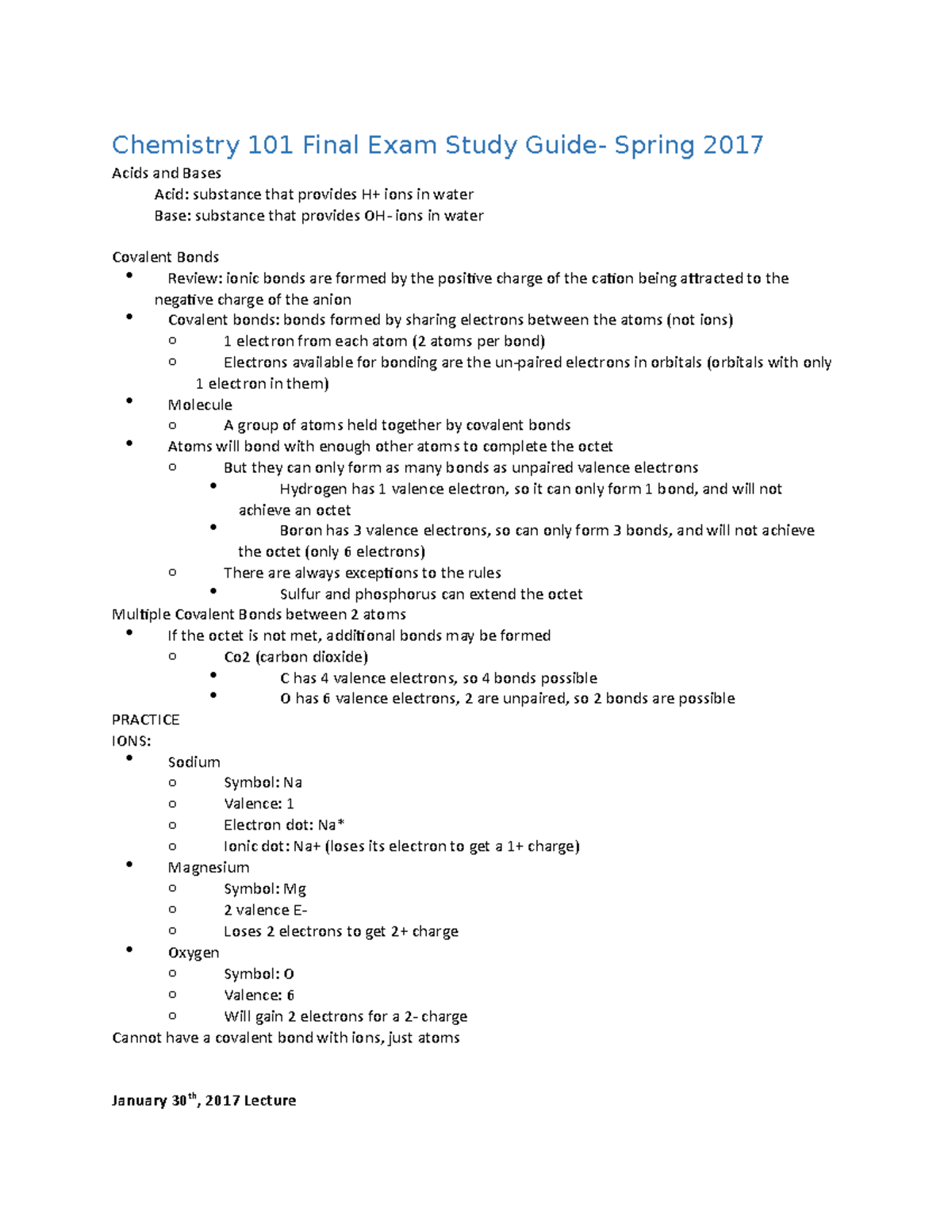 Chemistry Final Exam Study Guide Chemistry 101 Final Exam Study Guide 