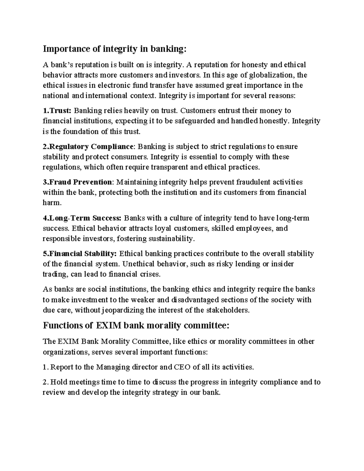 Exim bank assignment - Importance of integrity in banking: A bank’s ...