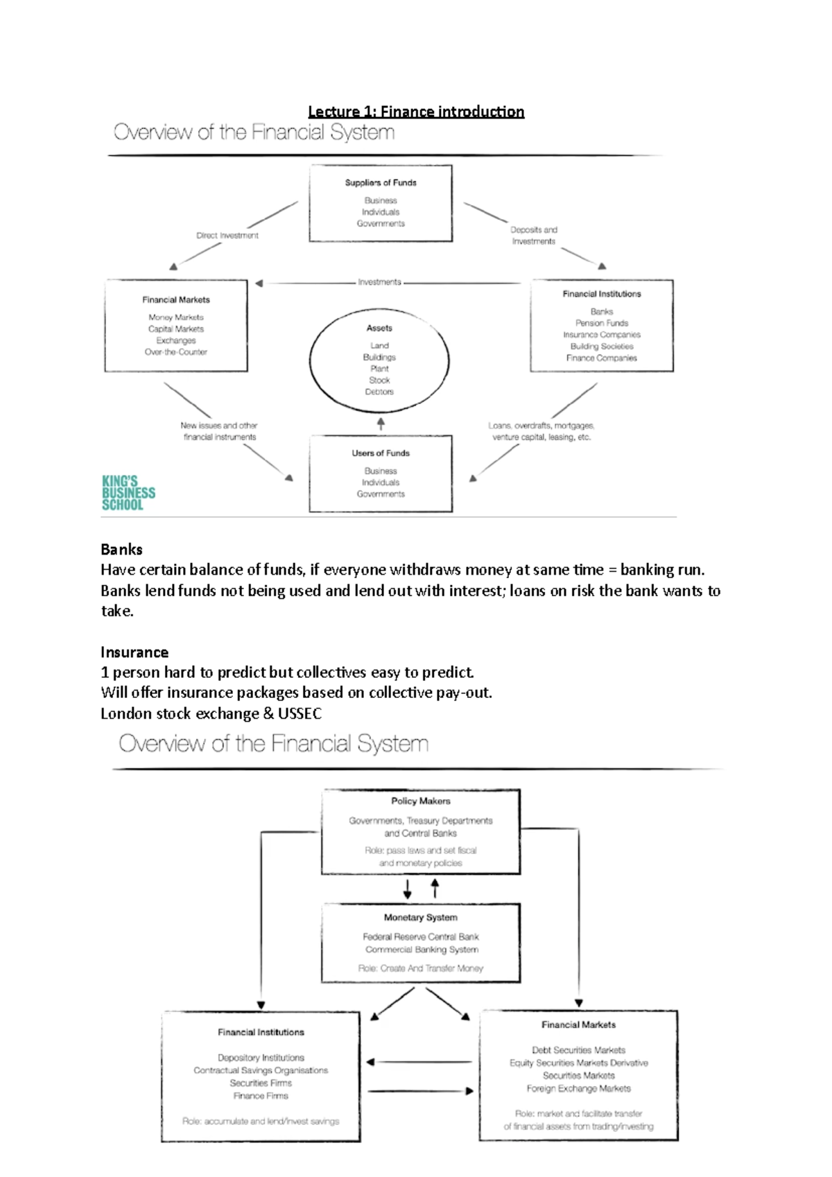 Lecture 1 - Lecture 1: Finance introduction Banks Have certain balance ...