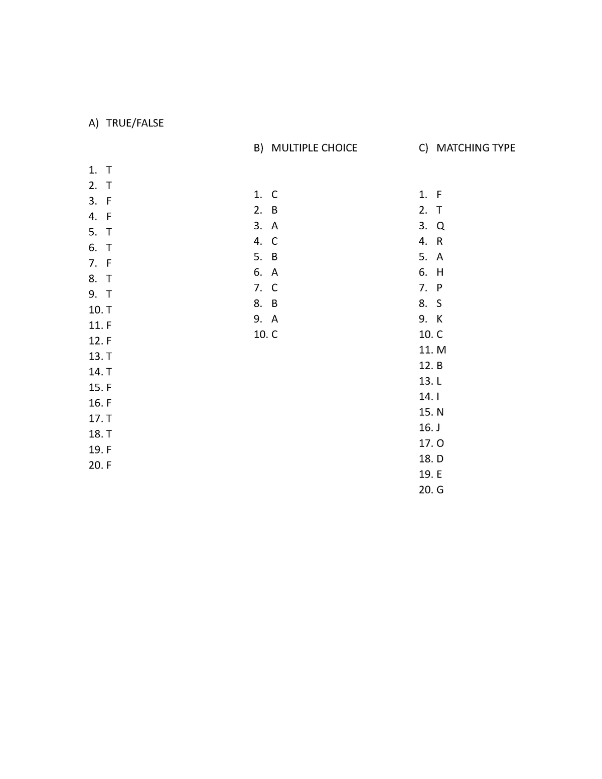 Sample - Key - A) TRUE/FALSE 1. T 2. T 3. F 4. F 5. T 6. T 7. F 8. T 9 ...