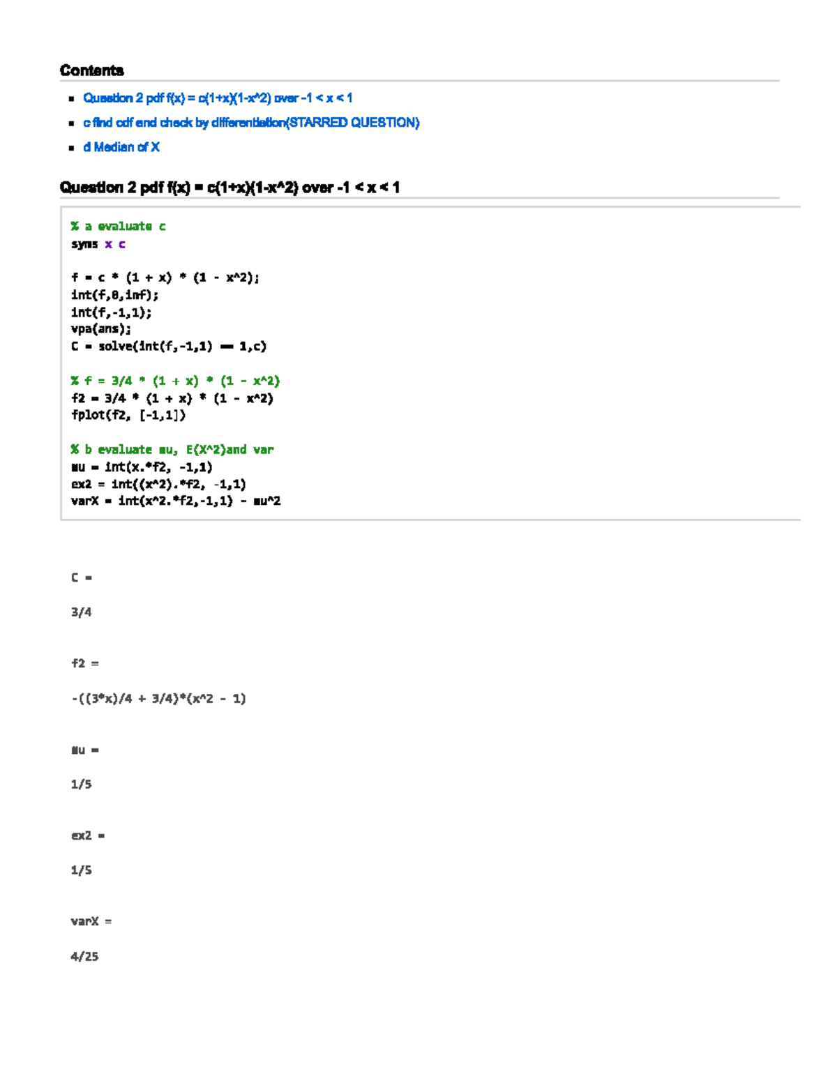 Week10matlab - week 10 stat matlab - Contents Question 2 pdf f(x) over ...
