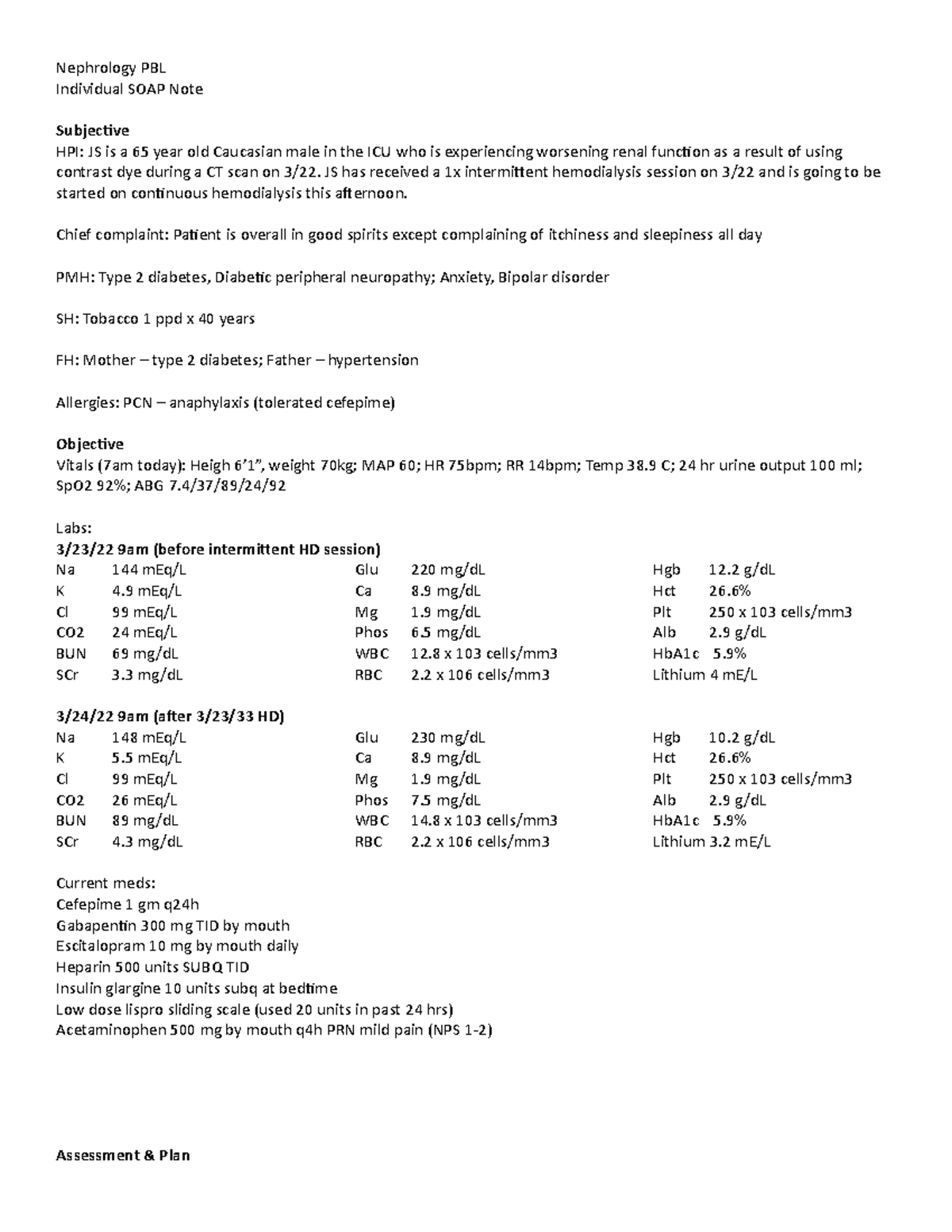 Nephro PBL Individual SOAP Note Nephrology PBL Individual SOAP Note