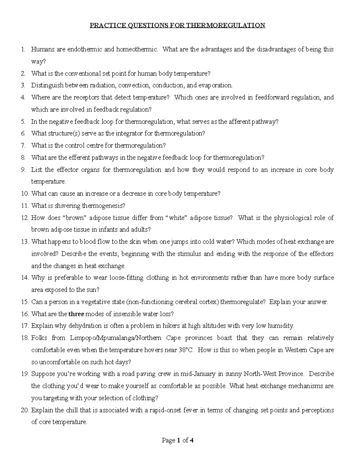 FLGX114 practice Qs PRACTICE QUESTIONS FOR THERMOREGULATION Humans