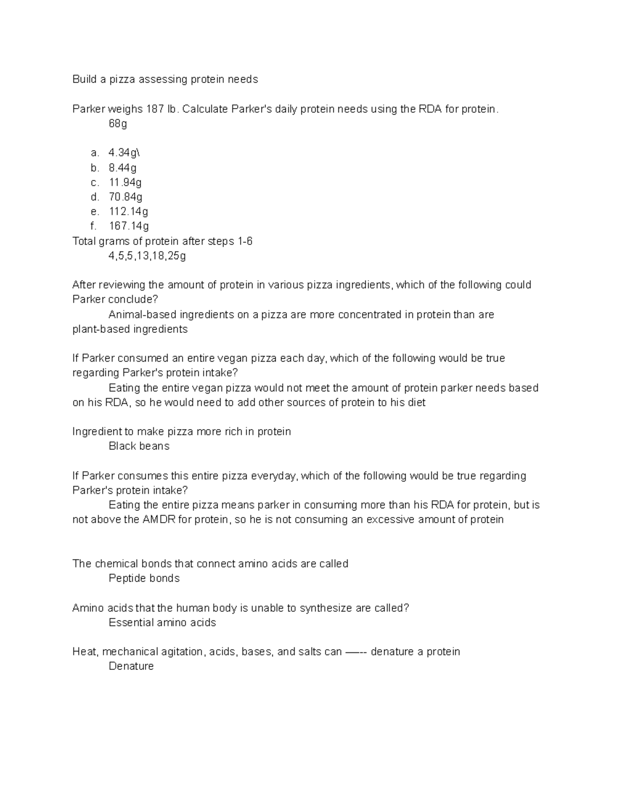 Nutrition Proteins Lecture Reading Questions Build a pizza assessing