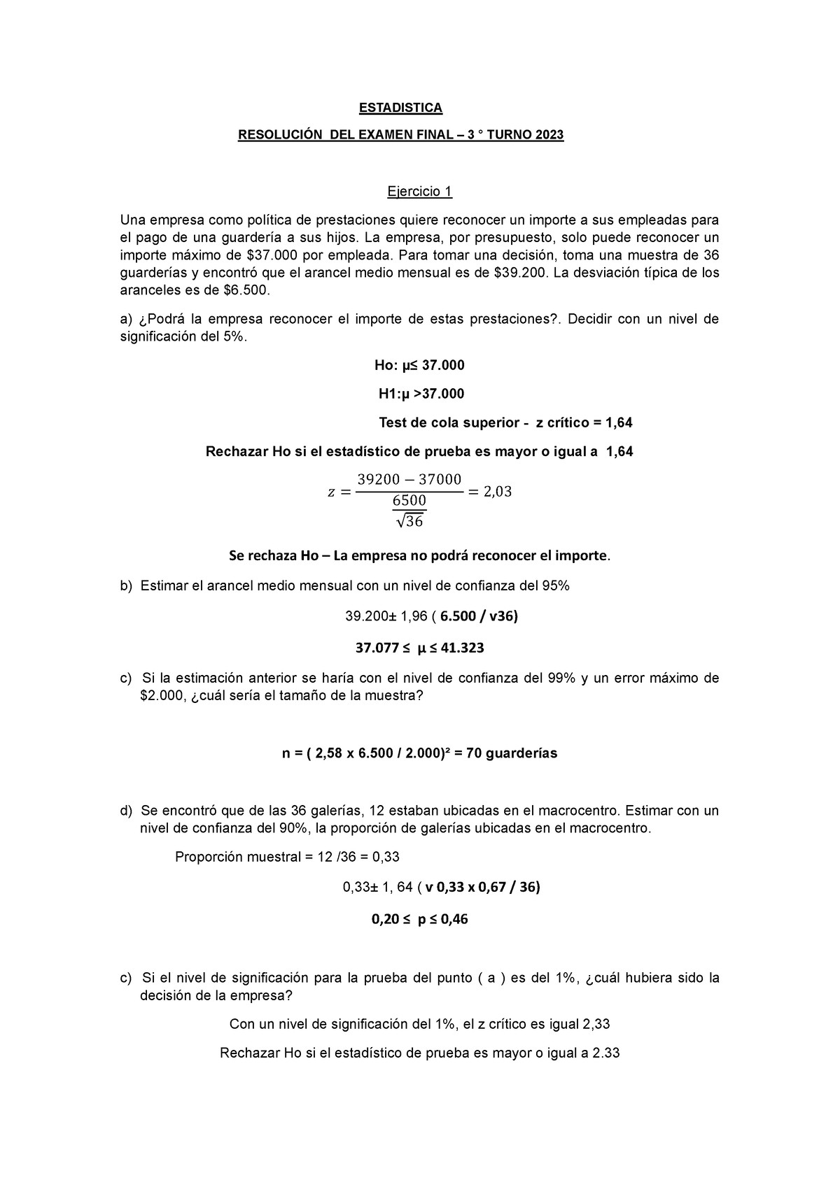 Resolución Final 3° Turno - ESTADISTICA RESOLUCIÓN DEL EXAMEN FINAL – 3 ...