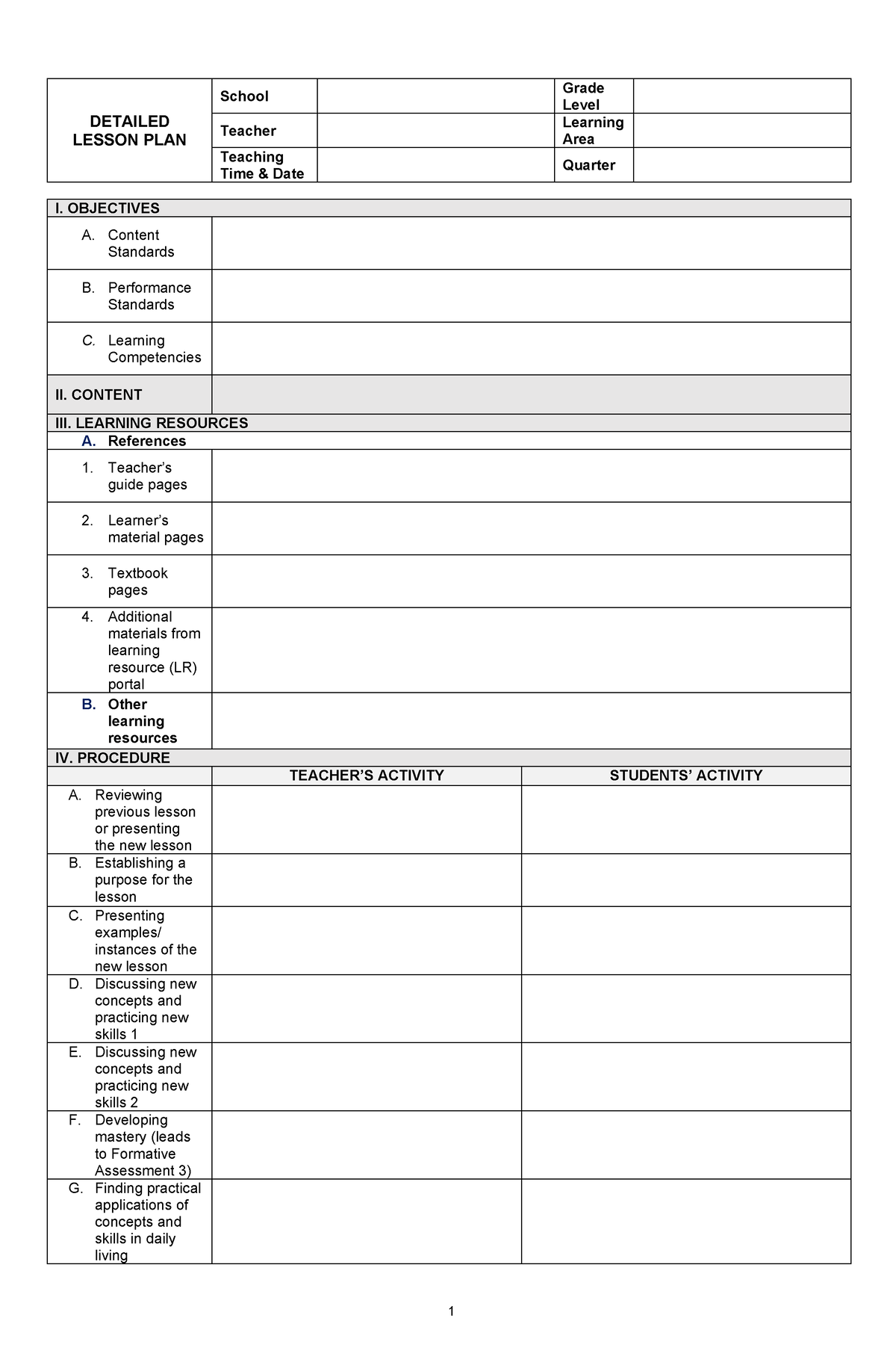 DDL Template - DETAILED LESSON PLAN School Grade Level Teacher Learning ...