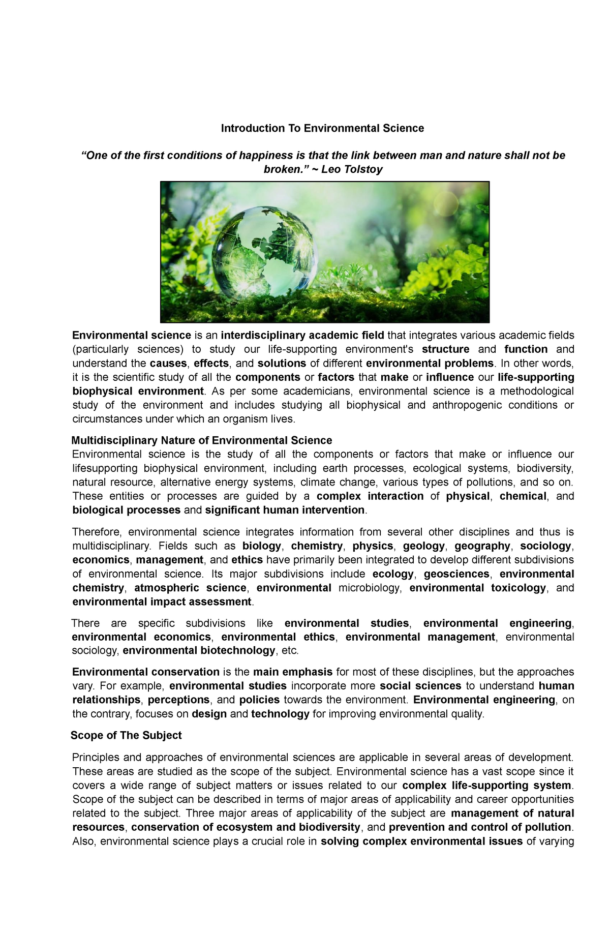 Introduction To Environmental Science - ” ~ Leo Tolstoy Environmental ...