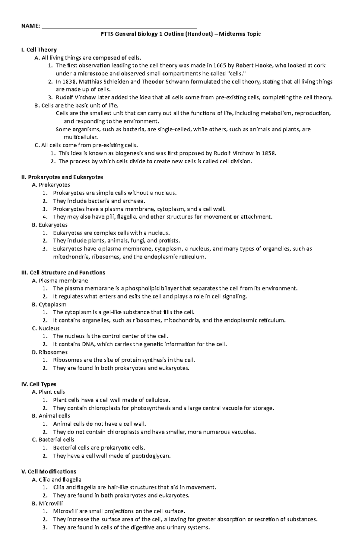 Biology Outline Reviewer for Midterms - NAME