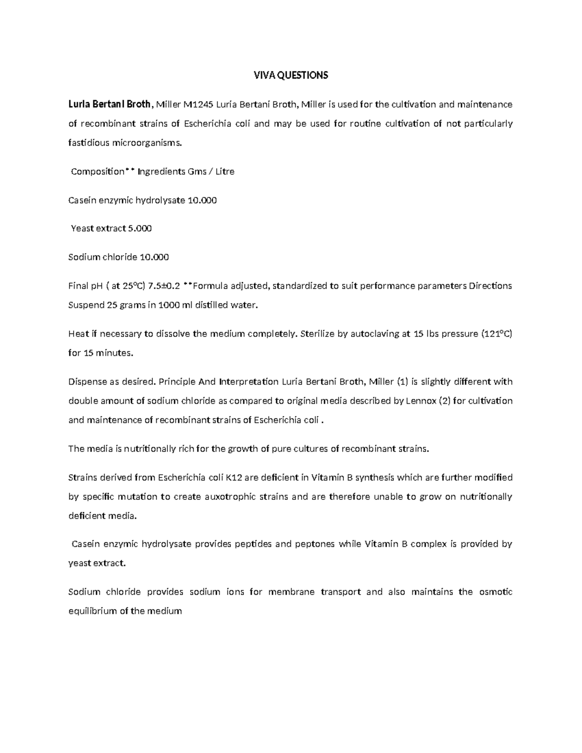 Molarity and Molality-1 - VIVA QUESTIONS Luria Bertani Broth, Miller ...