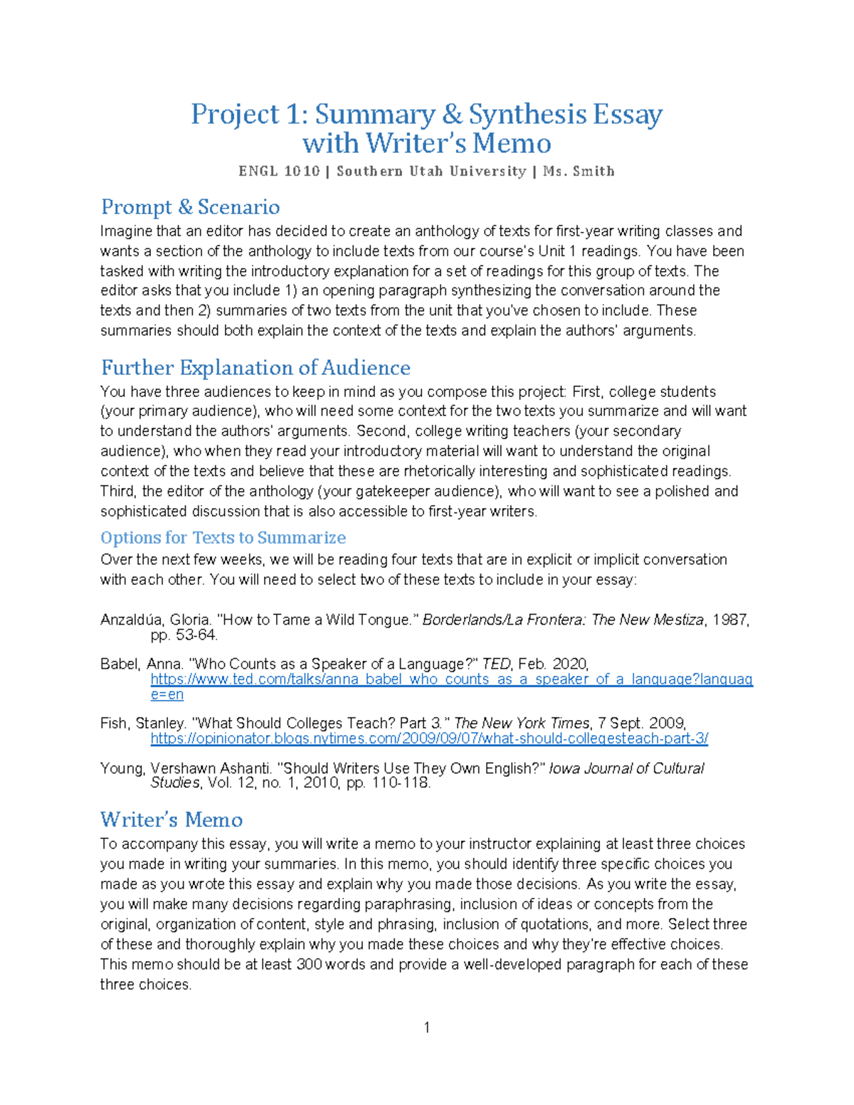 ENGL 1010 Project 1 Prompt - 1 Project 1: Summary & Synthesis Essay ...