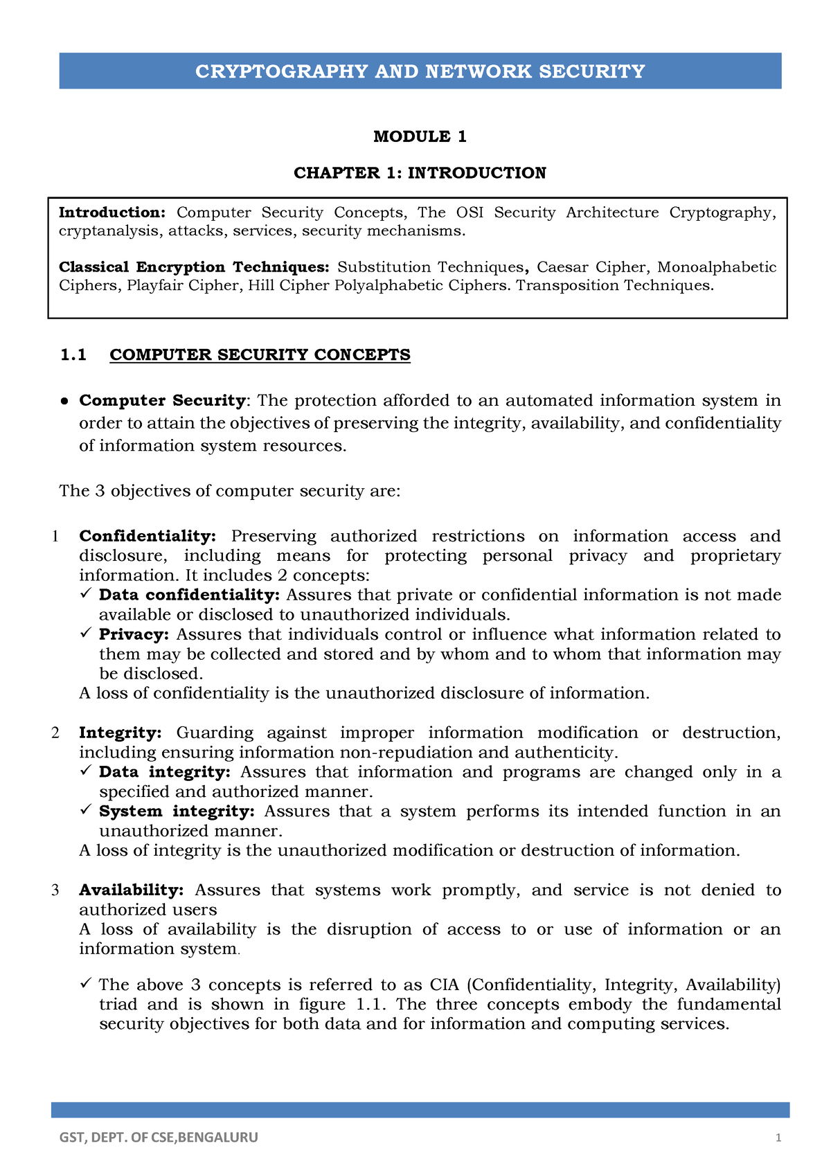 CNS Module 1 - Required Notes - MODULE 1 CHAPTER 1: INTRODUCTION 1 ...