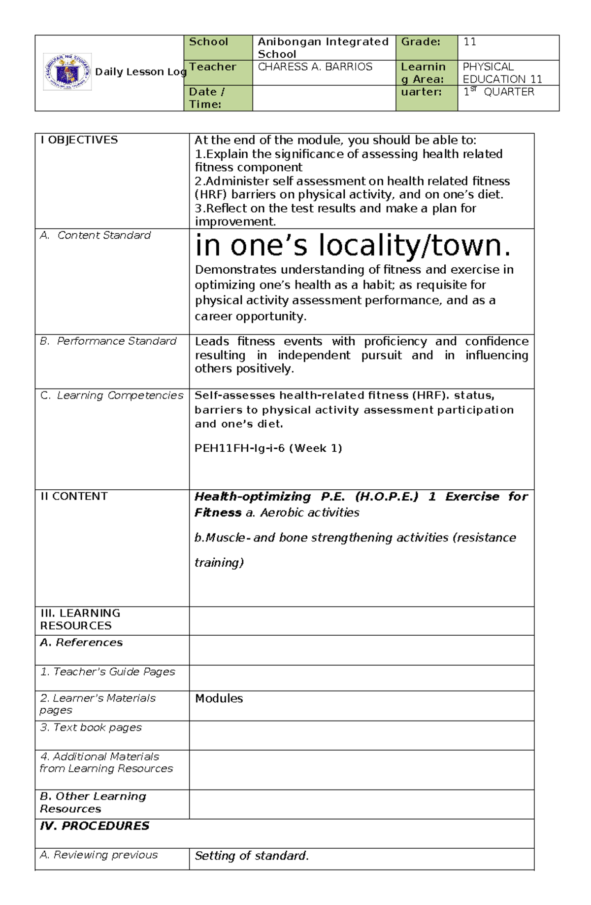 Week 1 pe - for references only - School Anibongan Integrated School ...