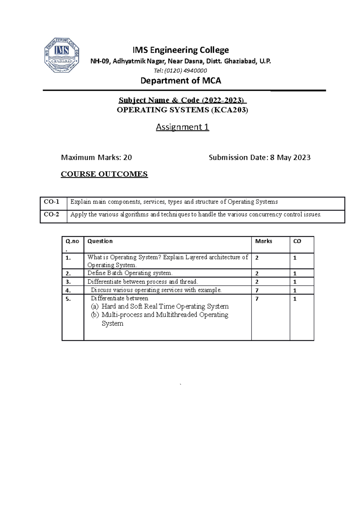 Assigment 1 Kca203 Os Ims Engineering College Nh 09 Adhyatmik Nagar Near Dasna Distt