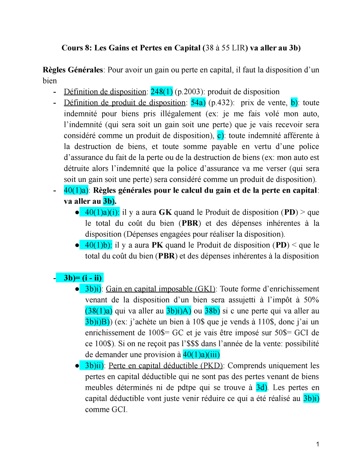 Cours 8 Les Gains et Pertes en Capital (38 à 55 LIR) va aller au 3b) - Cours 8: Les Gains et 