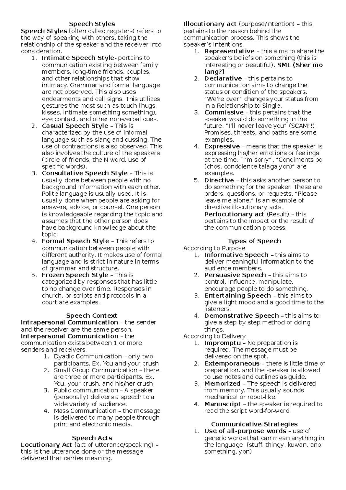 Oral Comm Reviewer - oral communication lecture - Speech Styles Speech ...