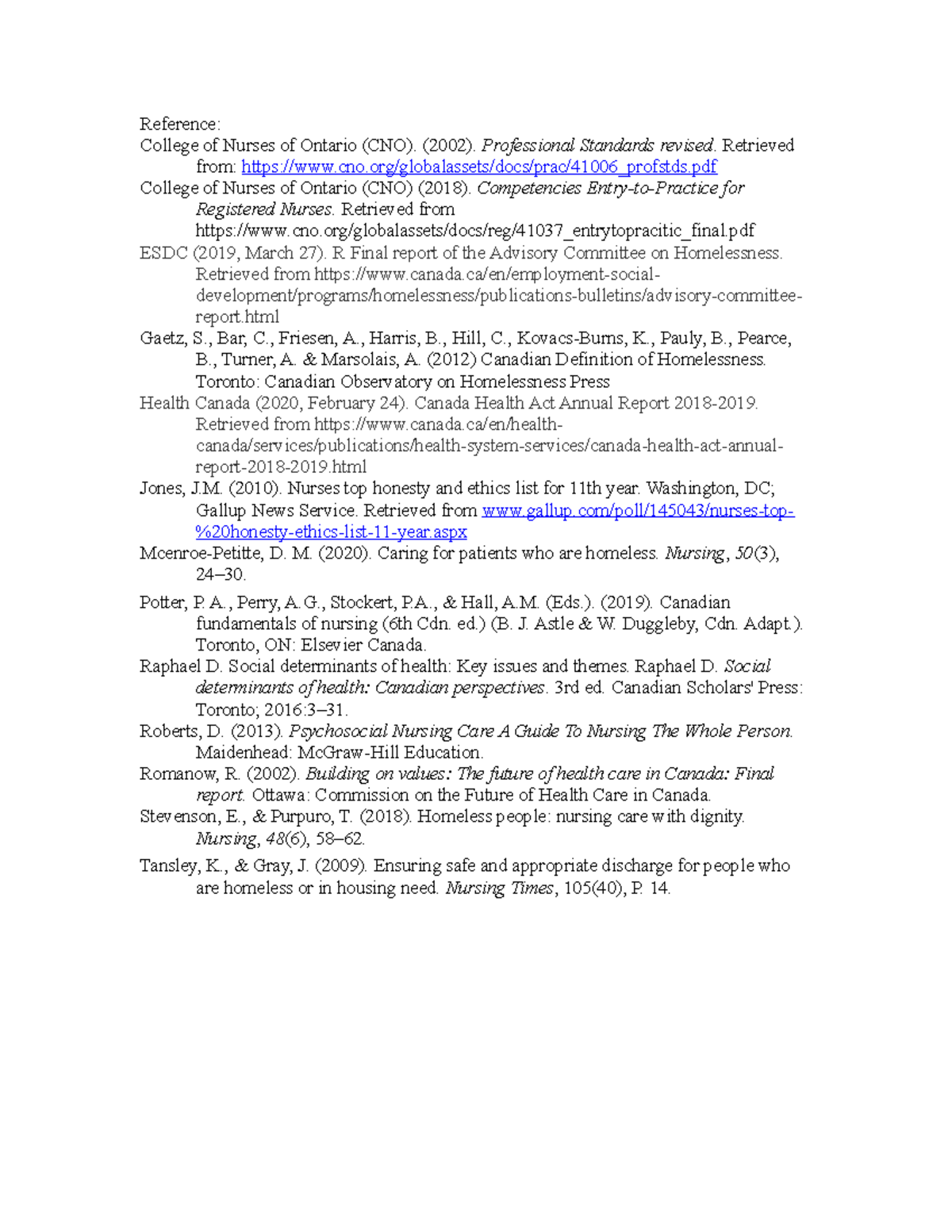 References for English - Reference: College of Nurses of Ontario (CNO ...