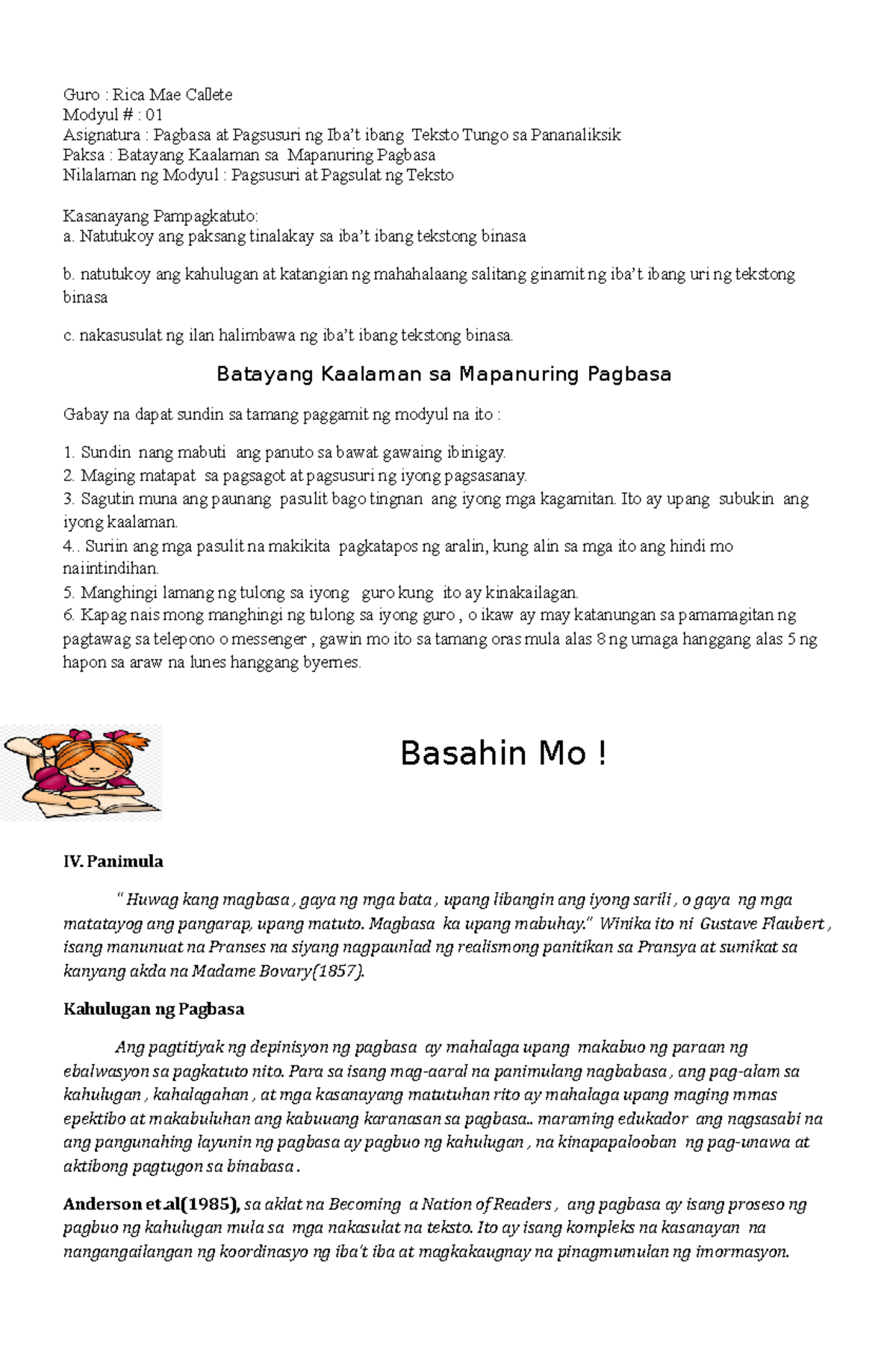 Pagbasa-at-Pagsusuri-Modyul-1 TUNGO SA PANANALIKSIK - Guro : Rica Mae ...