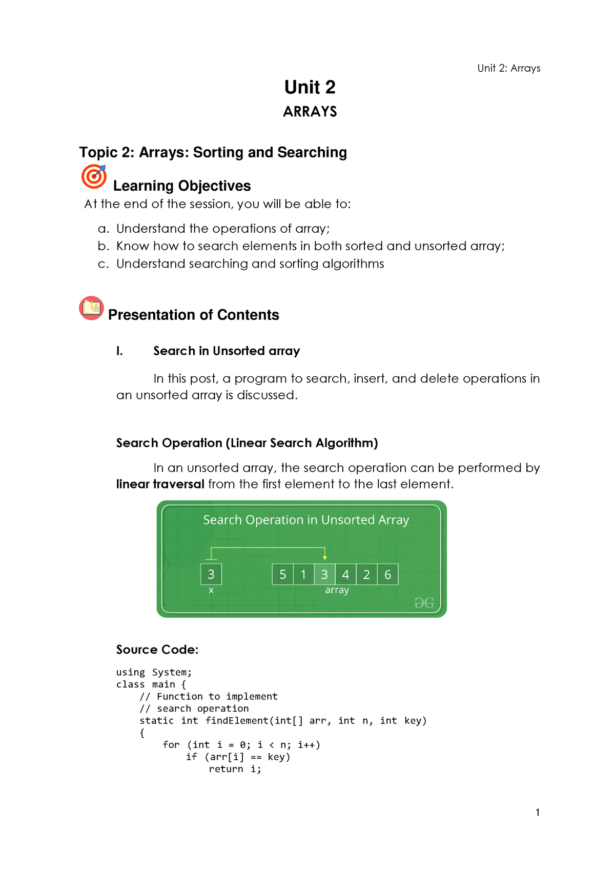 Module 2 1 Searching And Sorting In Arrays Unit 2 ARRAYS Topic 2 Arrays Sorting And