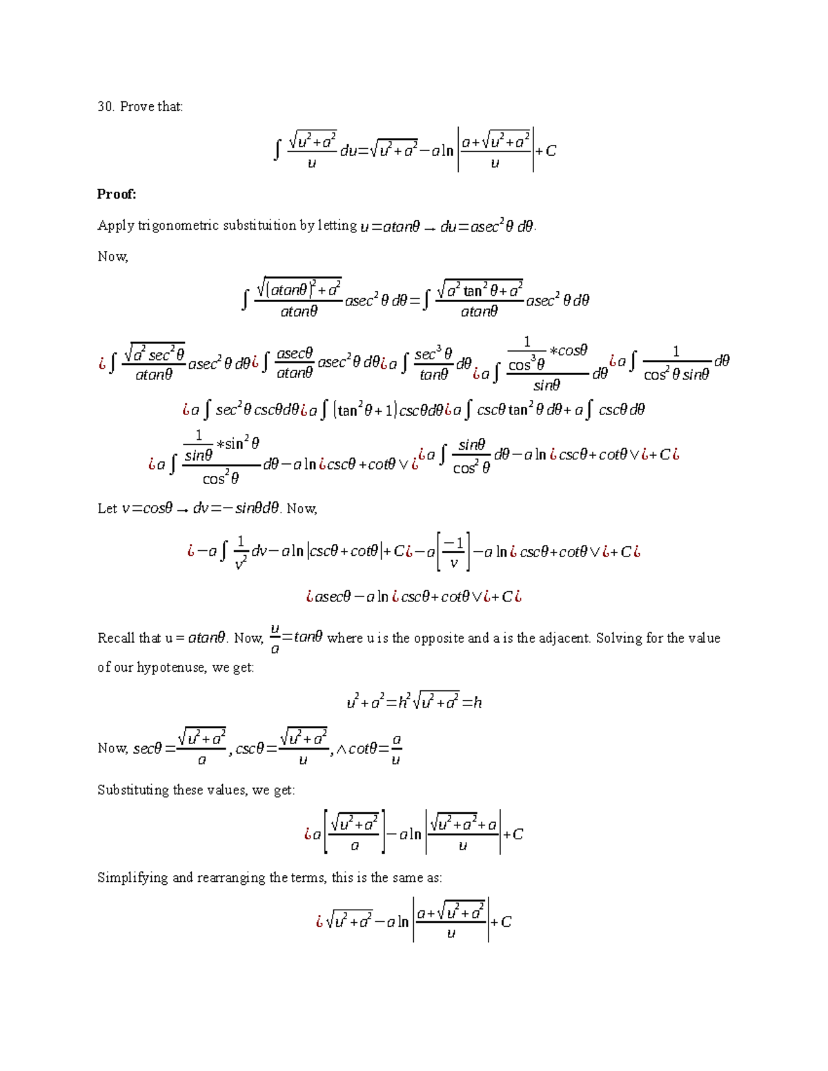 PROOF OF THE REDUCTION FORMULA 30-31 - Prove that: ∫ √ u 2 +a 2 u du= √ ...