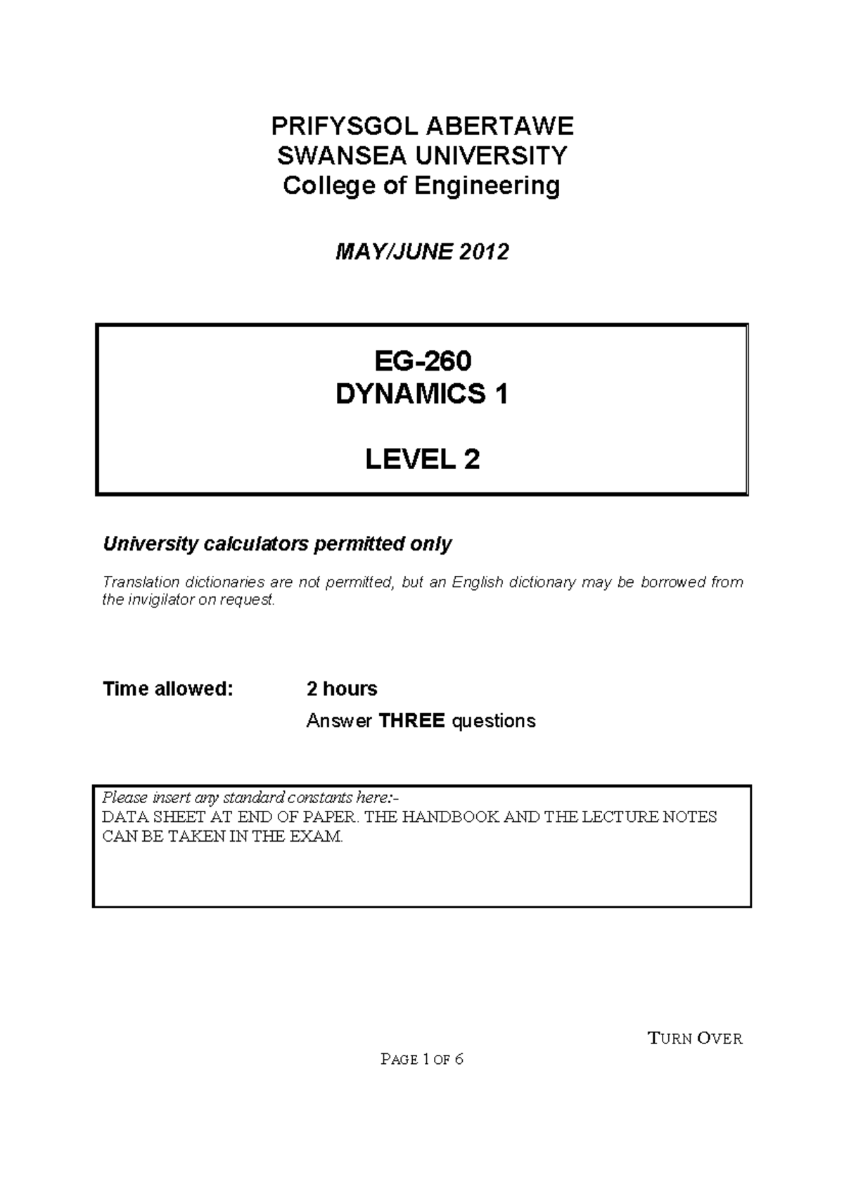 Eg 260 Exam 2012 Exam Prifysgol Abertawe Swansea University College