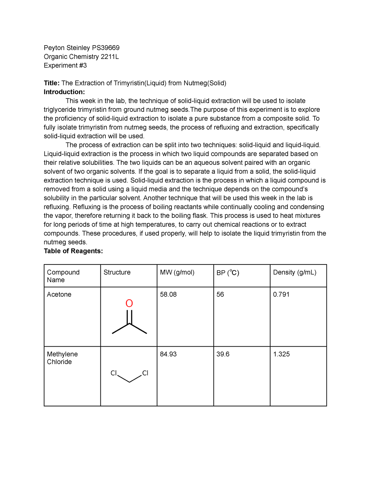 Lab #3 Chem 2211 - Laboratory Experiment #3 Nutmeg - Peyton Steinley PS ...