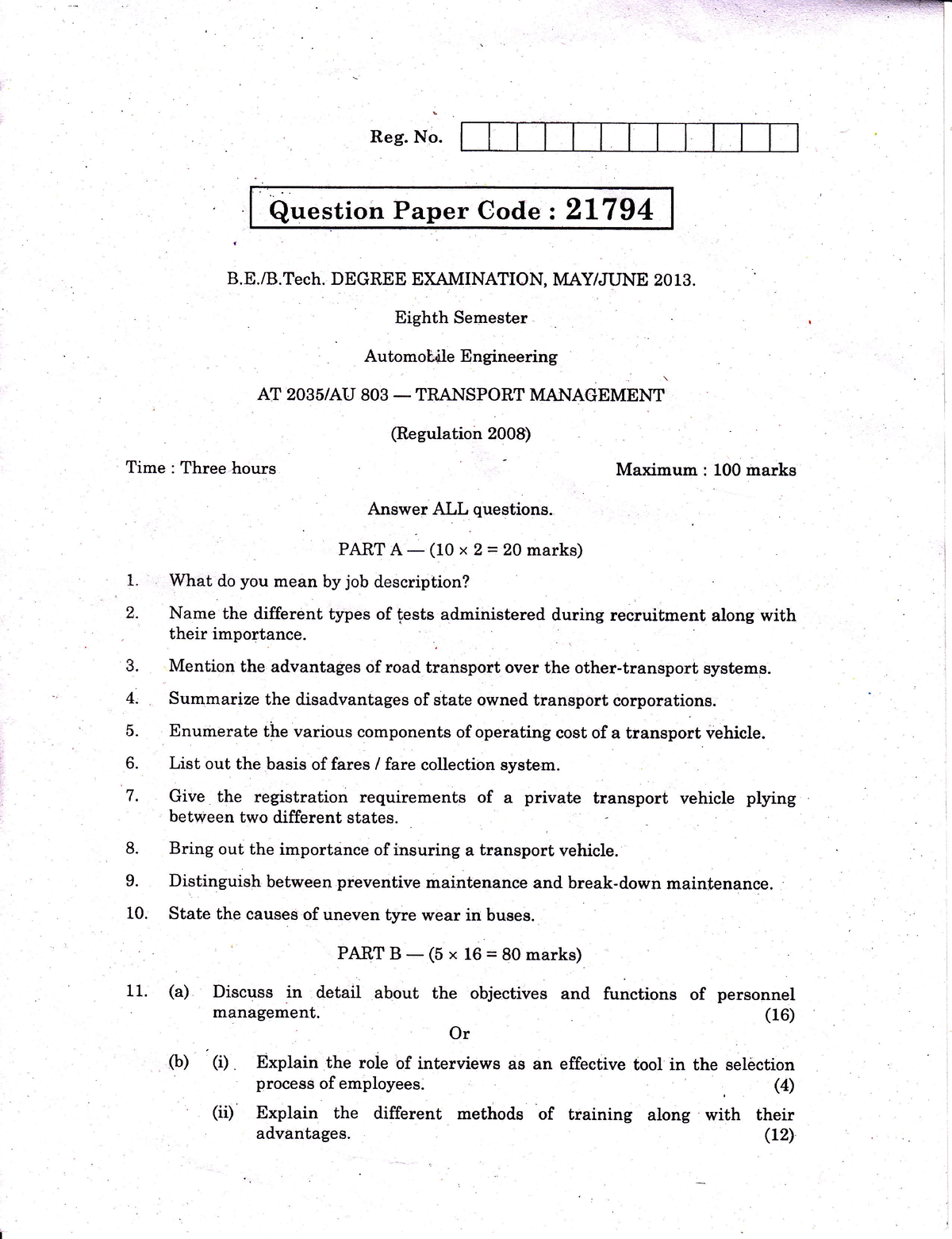 AT2035 MAY JUNE 2013 - University Questionpaper - Reg. No. Question ...