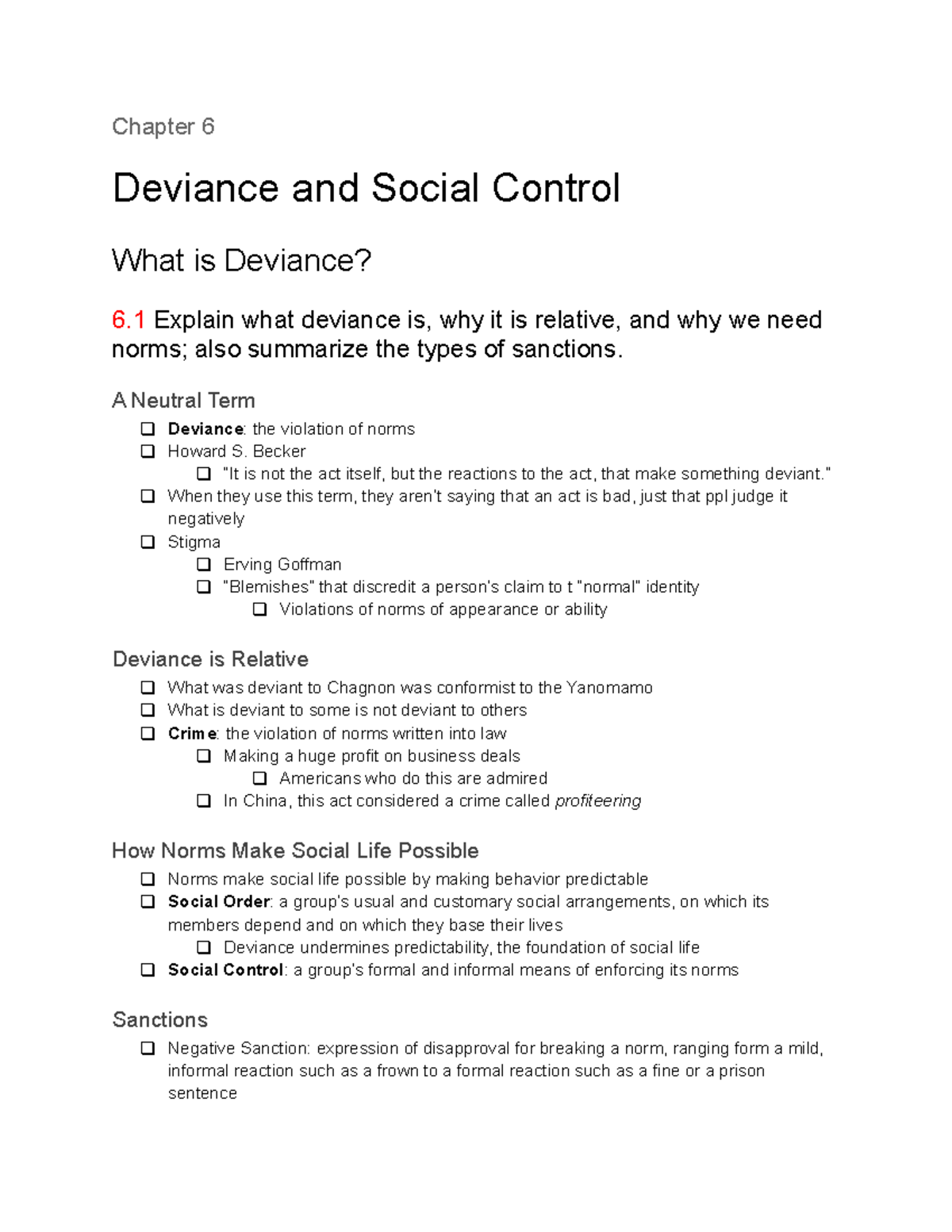 Sociology Chapter 6 Notes Chapter 6 Deviance And Social Control What Is Deviance 6 Explain 1712